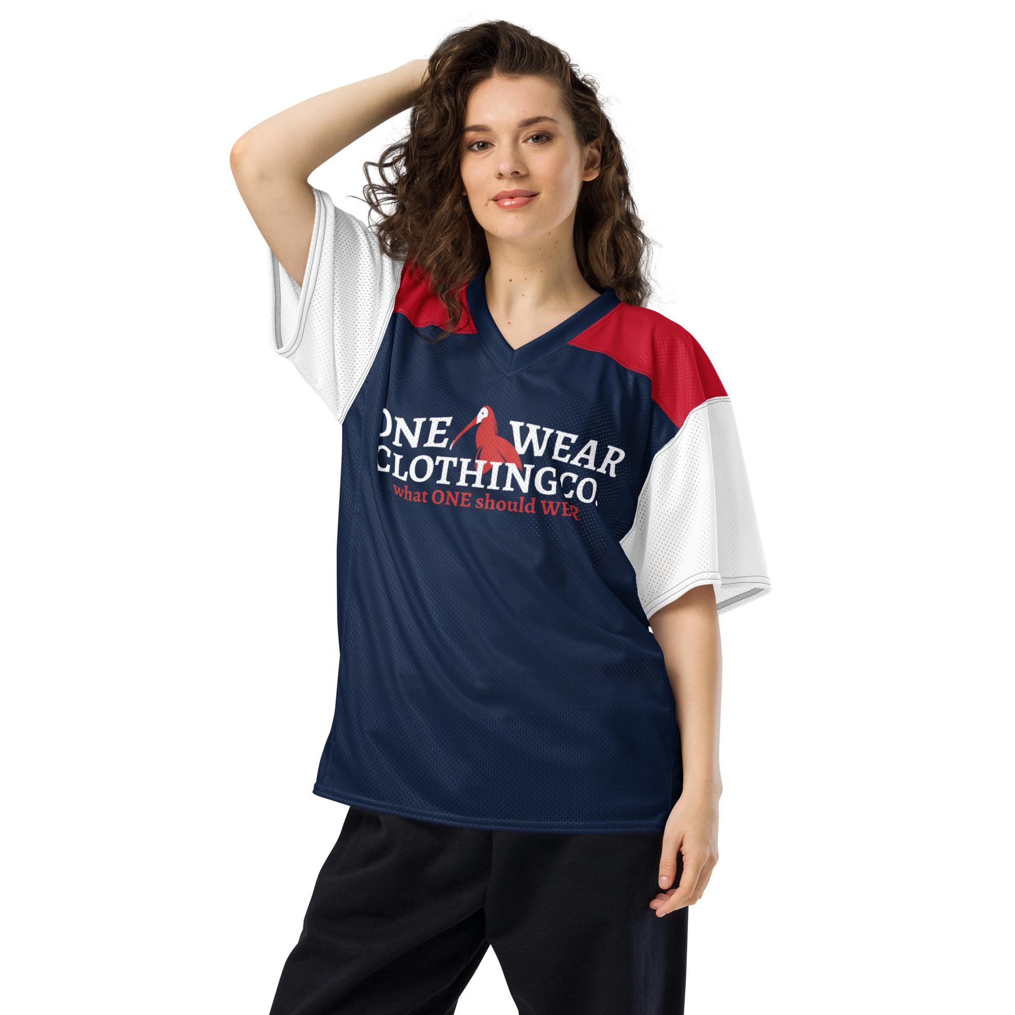 One Wear Slogan & Wavy Head Ibis 2 – American football jersey – Navy, White & Red - Image 5
