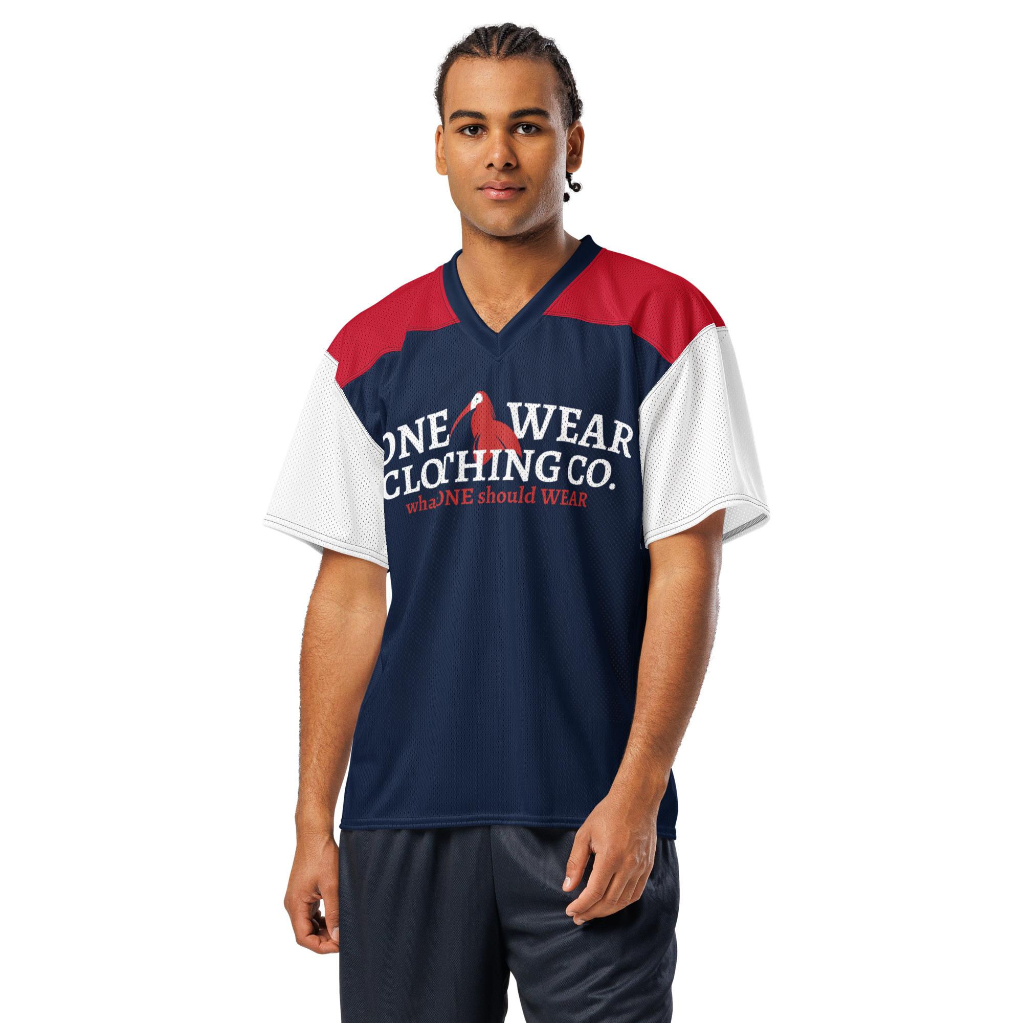 One Wear Slogan & Wavy Head Ibis 2 – American football jersey – Navy, White & Red - Image 7