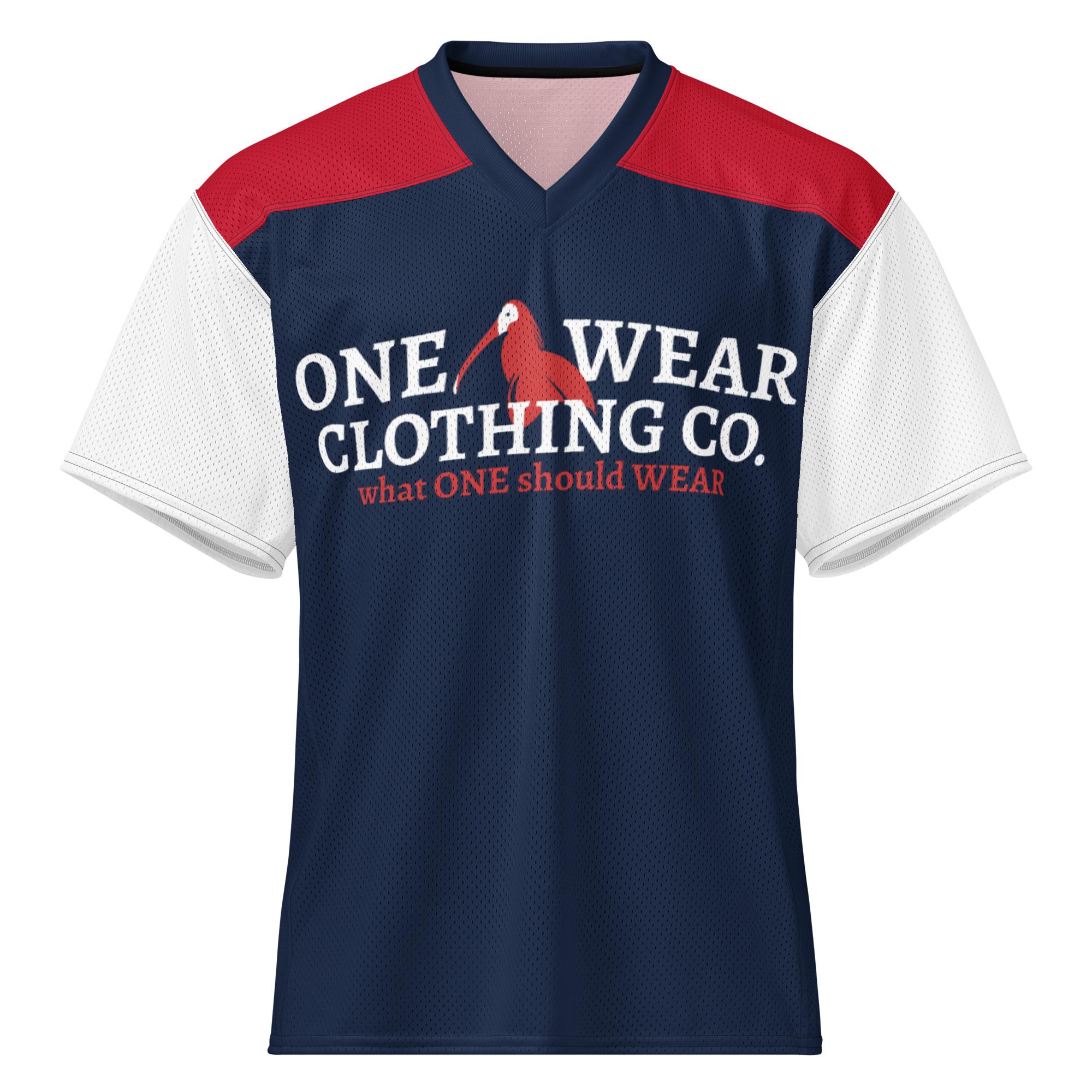 One Wear Slogan & Wavy Head Ibis 2 – American football jersey – Navy, White & Red - Image 10