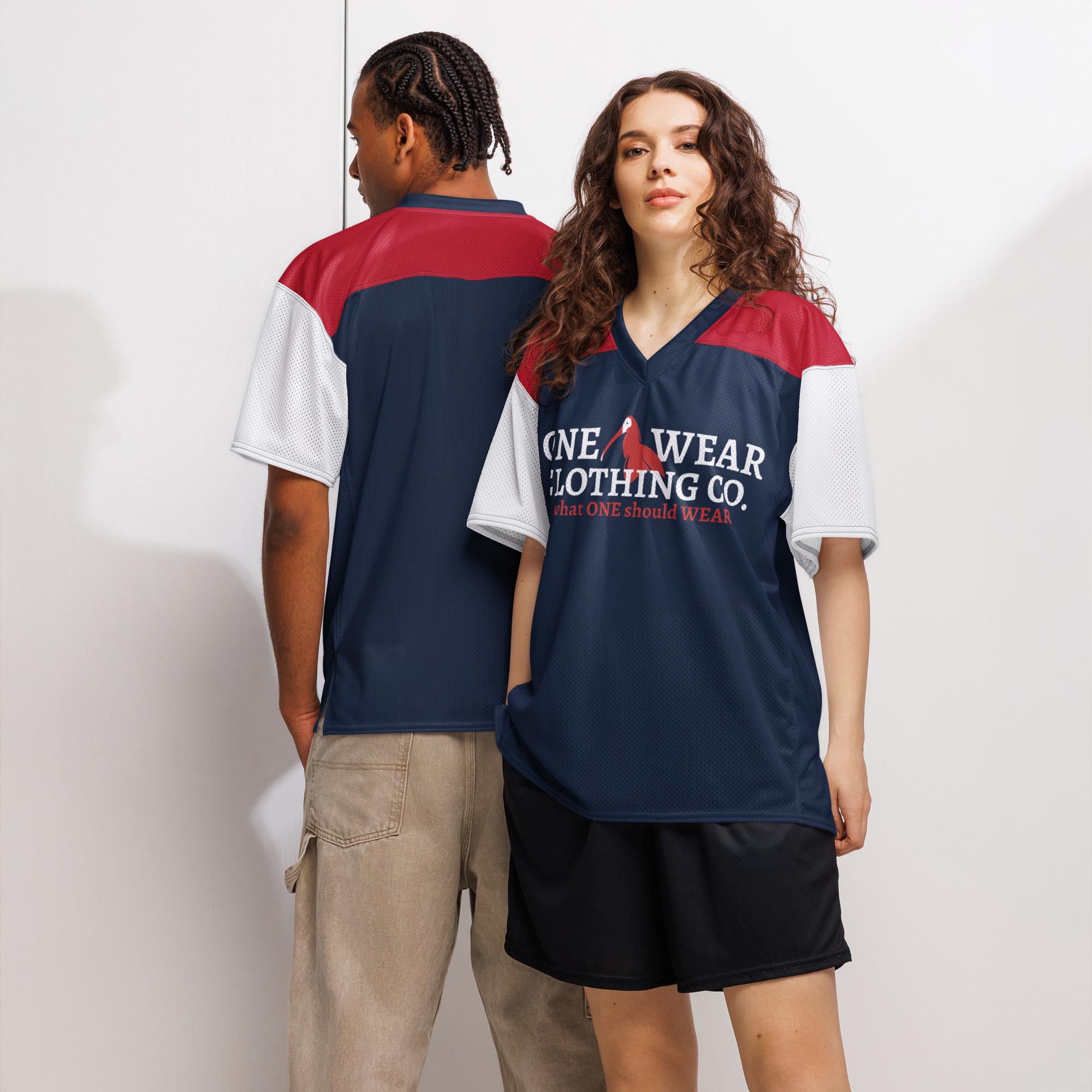 One Wear Slogan & Wavy Head Ibis 2 – American football jersey – Navy, White & Red