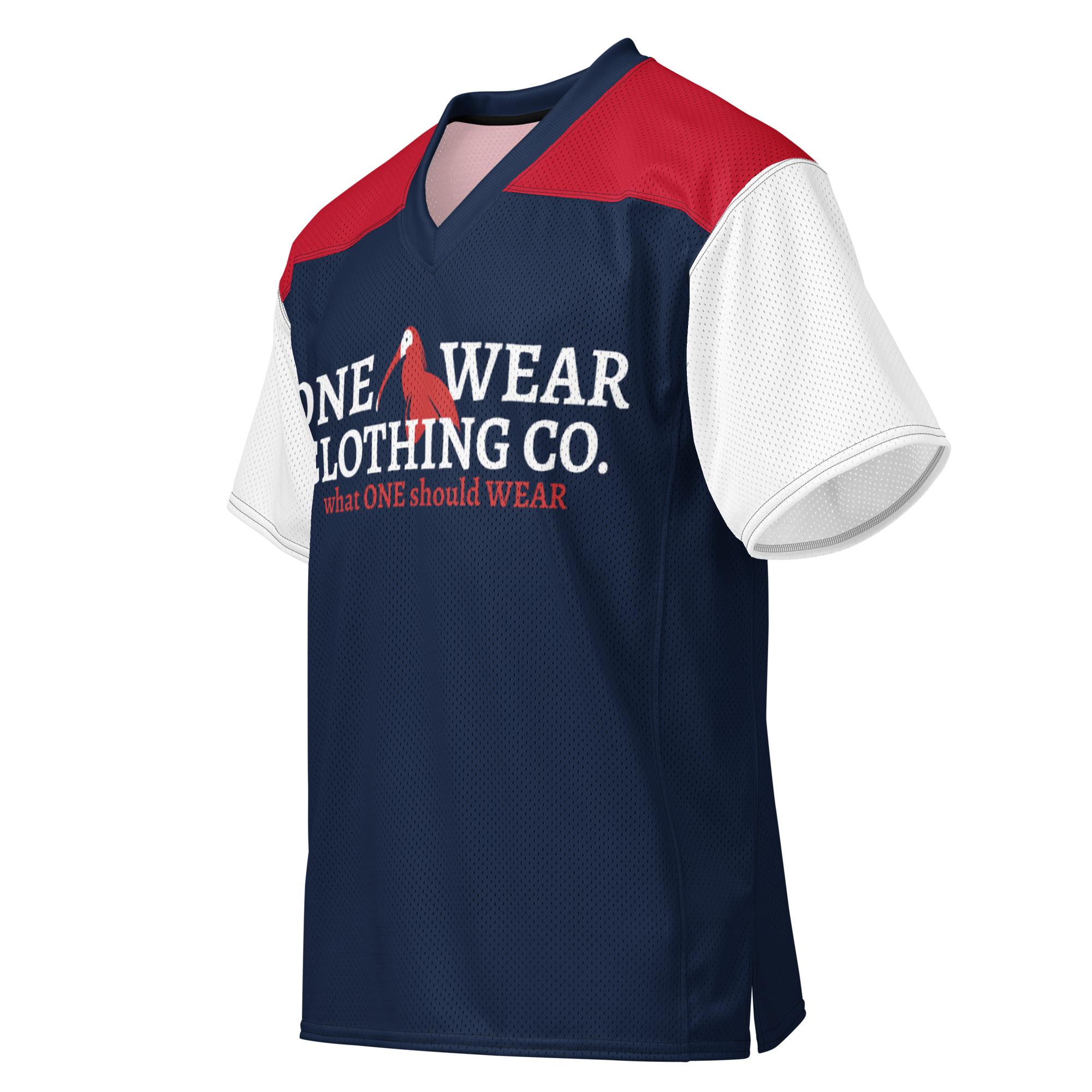 One Wear Slogan & Wavy Head Ibis 2 – American football jersey – Navy, White & Red - Image 11