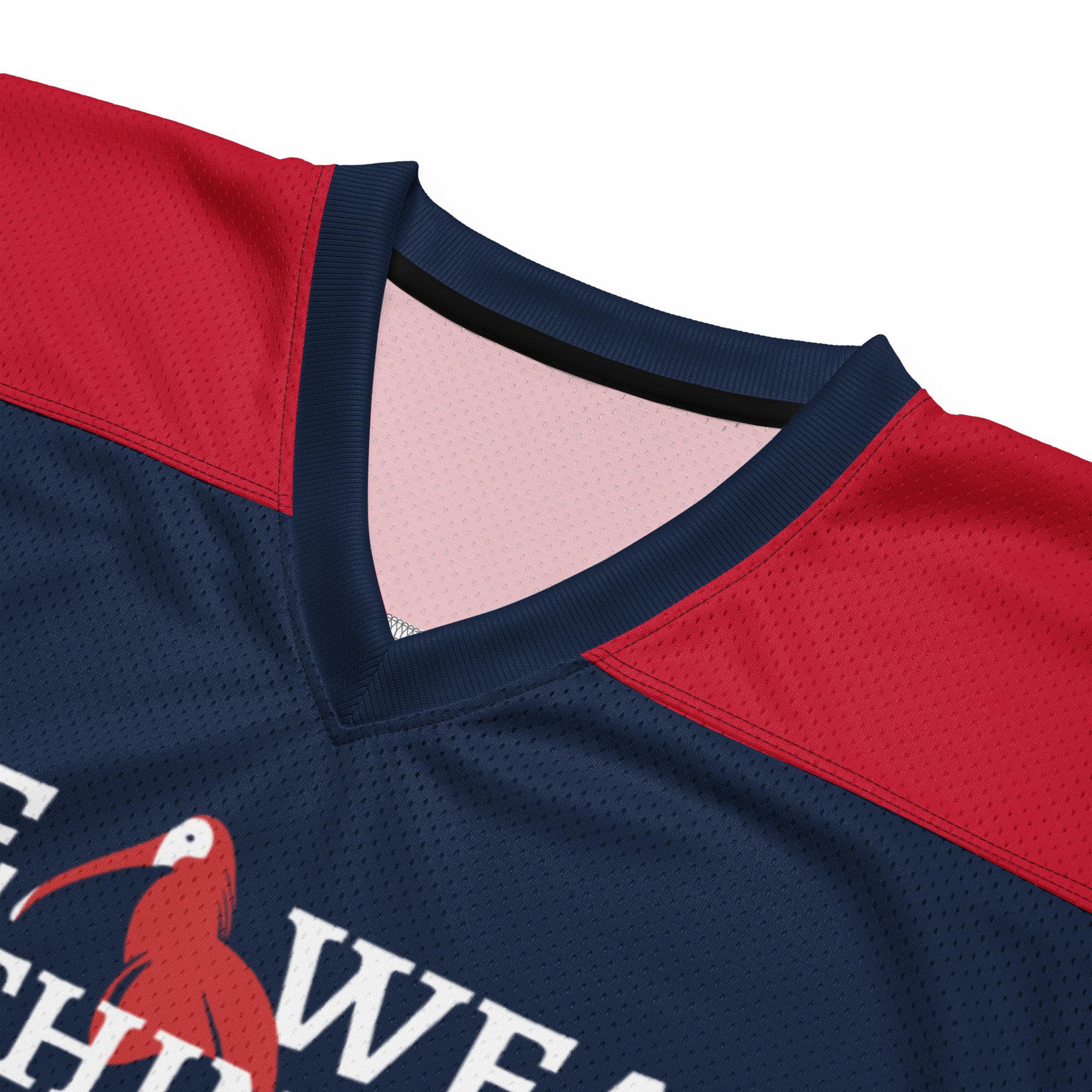 One Wear Slogan & Wavy Head Ibis 2 – American football jersey – Navy, White & Red - Image 4
