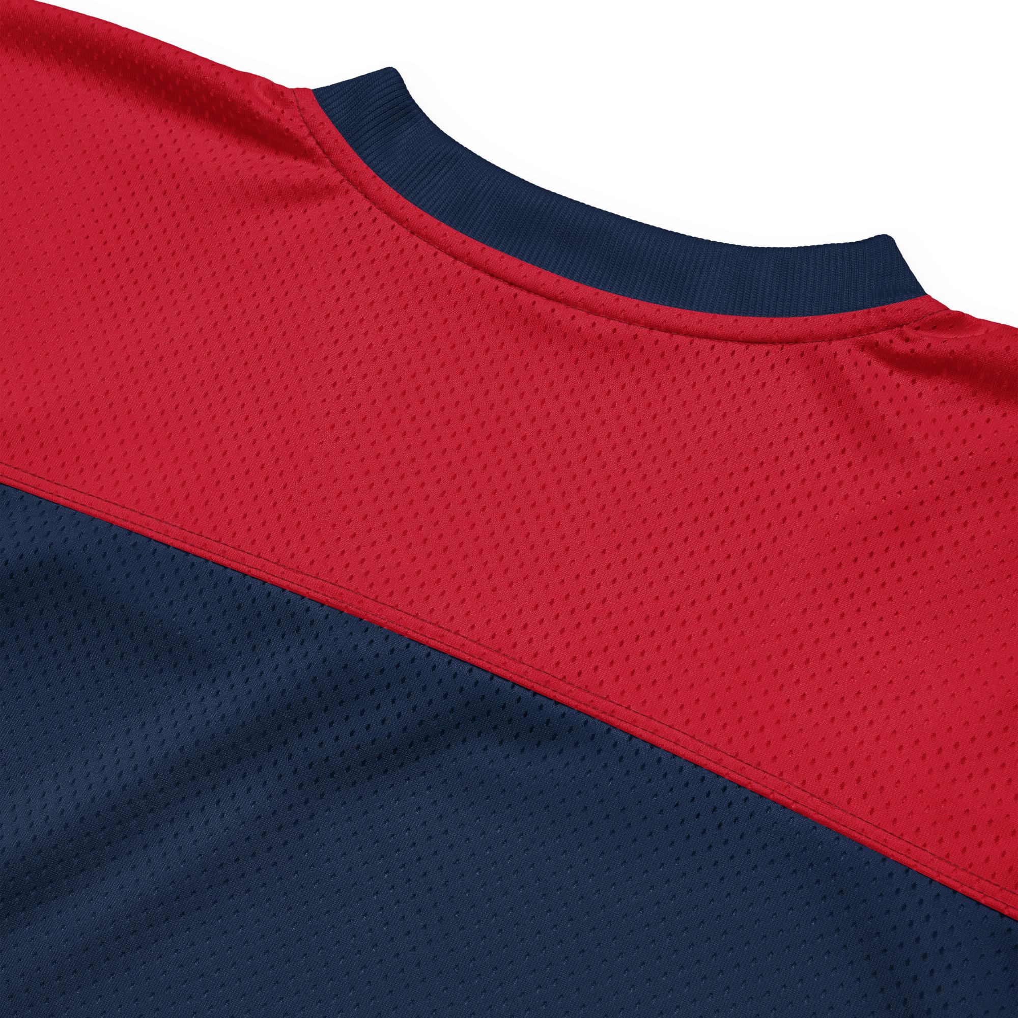 One Wear Slogan & Wavy Head Ibis 2 – American football jersey – Navy, White & Red - Image 3