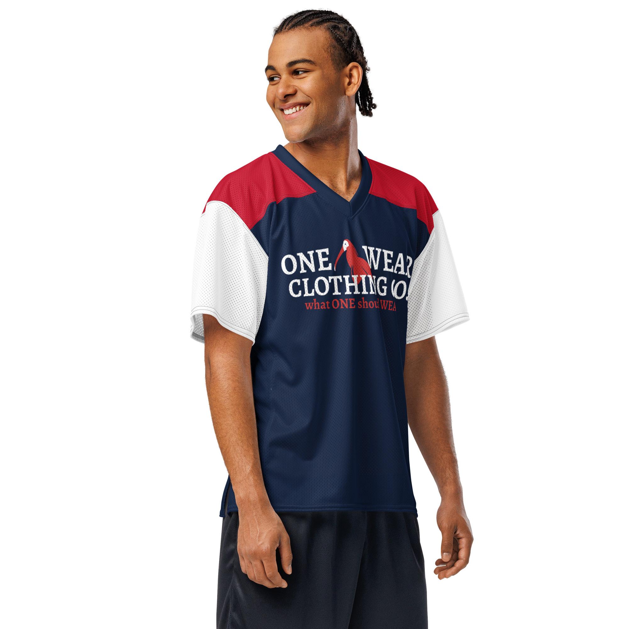 One Wear Slogan & Wavy Head Ibis 2 – American football jersey – Navy, White & Red - Image 8