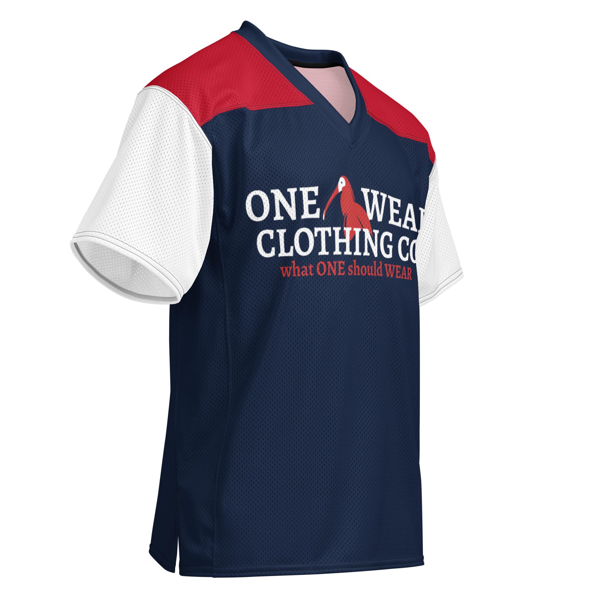 One Wear Slogan & Wavy Head Ibis 2 – American football jersey – Navy, White & Red - Image 13