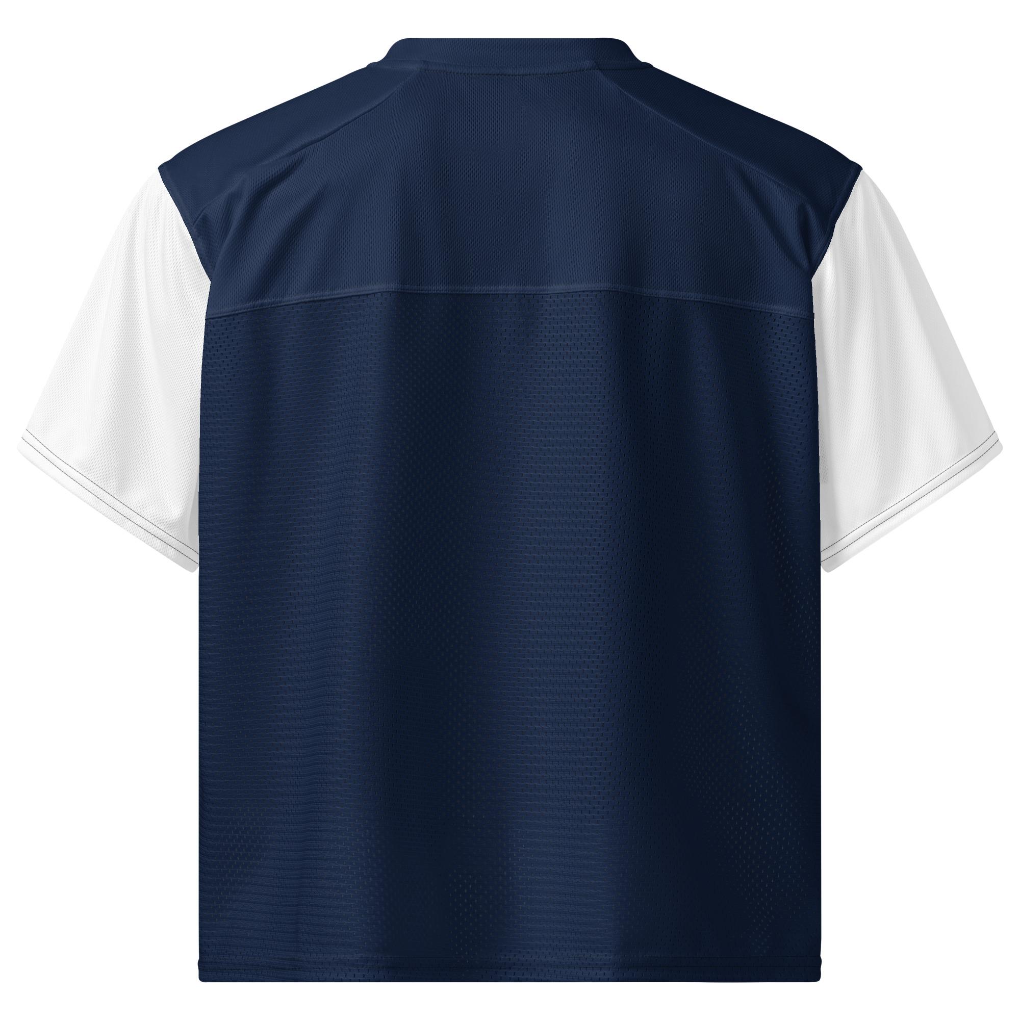 One Wear Slogan & Wavy Head Ibis 2 – Boxy football jersey – Navy, White & Red - Image 4