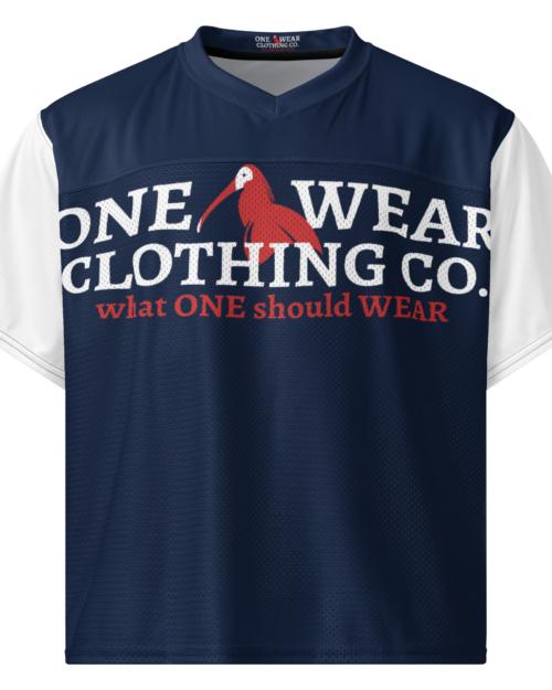 One Wear Slogan & Wavy Head Ibis 2 – Boxy football jersey – Navy, White & Red