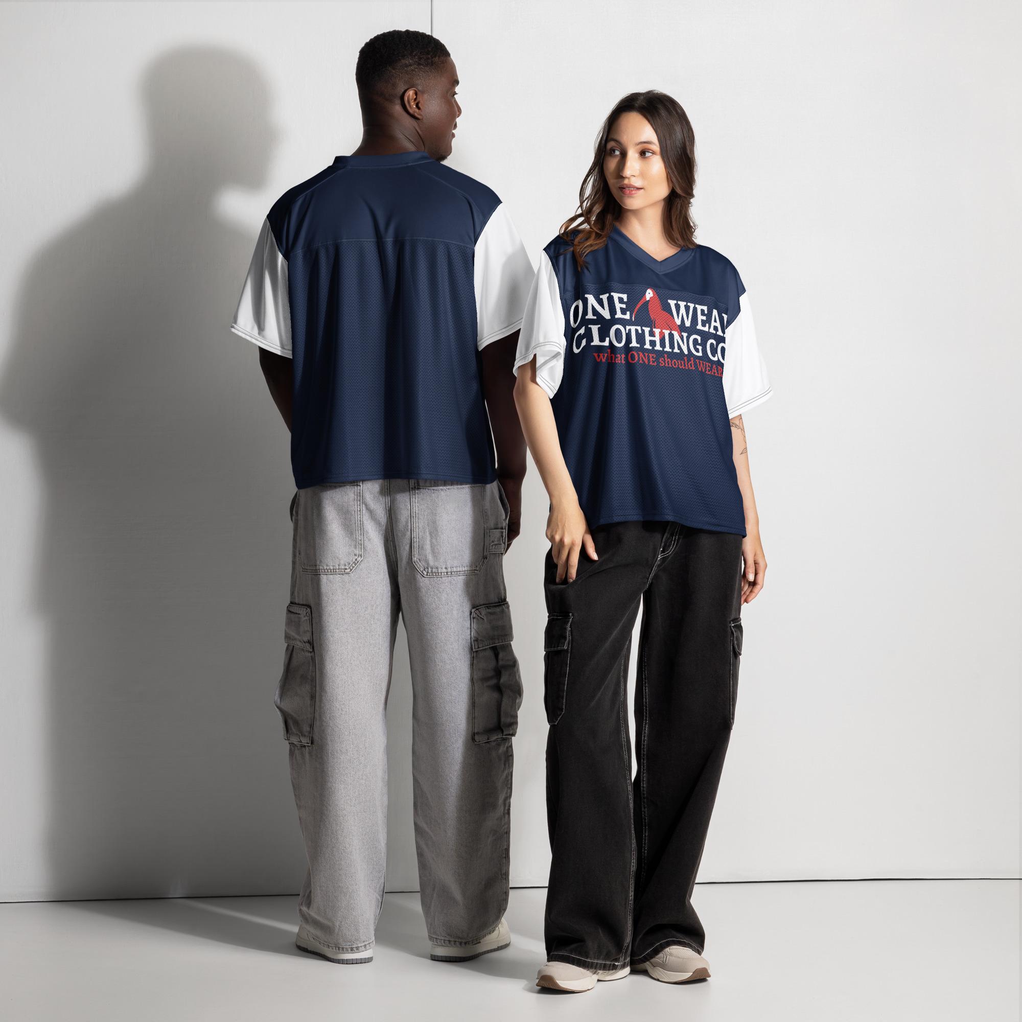 One Wear Slogan & Wavy Head Ibis 2 – Boxy football jersey – Navy, White & Red - Image 2