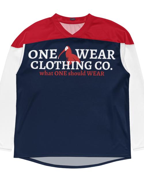 One Wear Slogan & Wavy Head Ibis 2 – Hockey Fan Jersey – Navy, Red & White