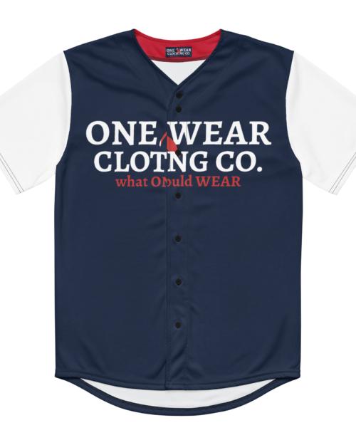 One Wear Slogan & Wavy Head Ibis 2 – Baseball Jersey – Navy, White & Red