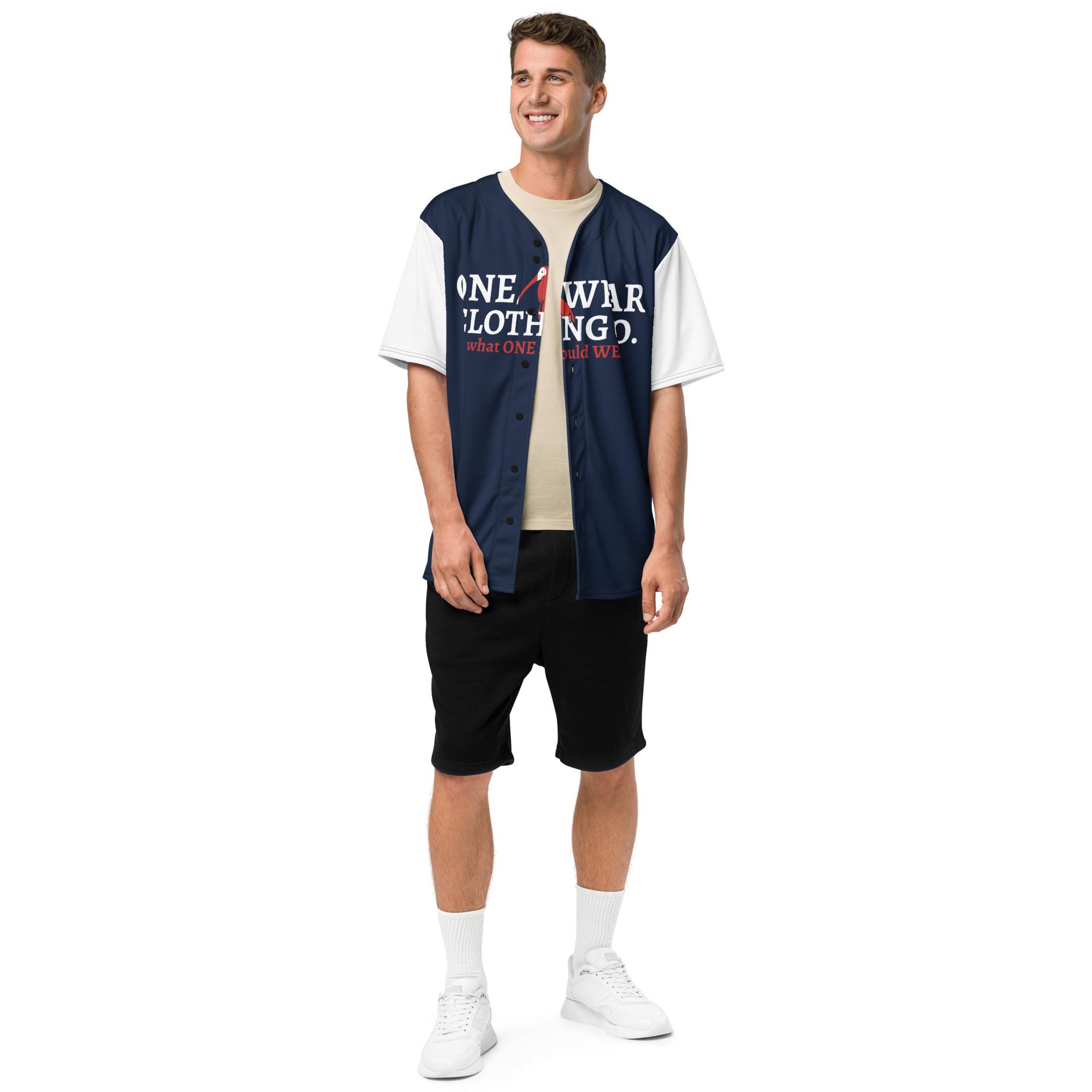 One Wear Slogan & Wavy Head Ibis 2 – Baseball Jersey – Navy, White & Red - Image 5