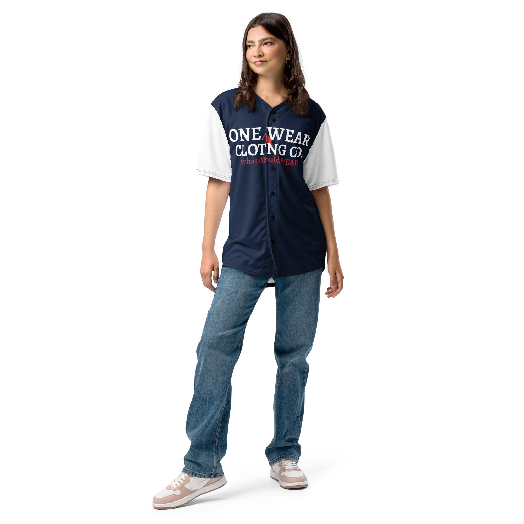 One Wear Slogan & Wavy Head Ibis 2 – Baseball Jersey – Navy, White & Red - Image 7