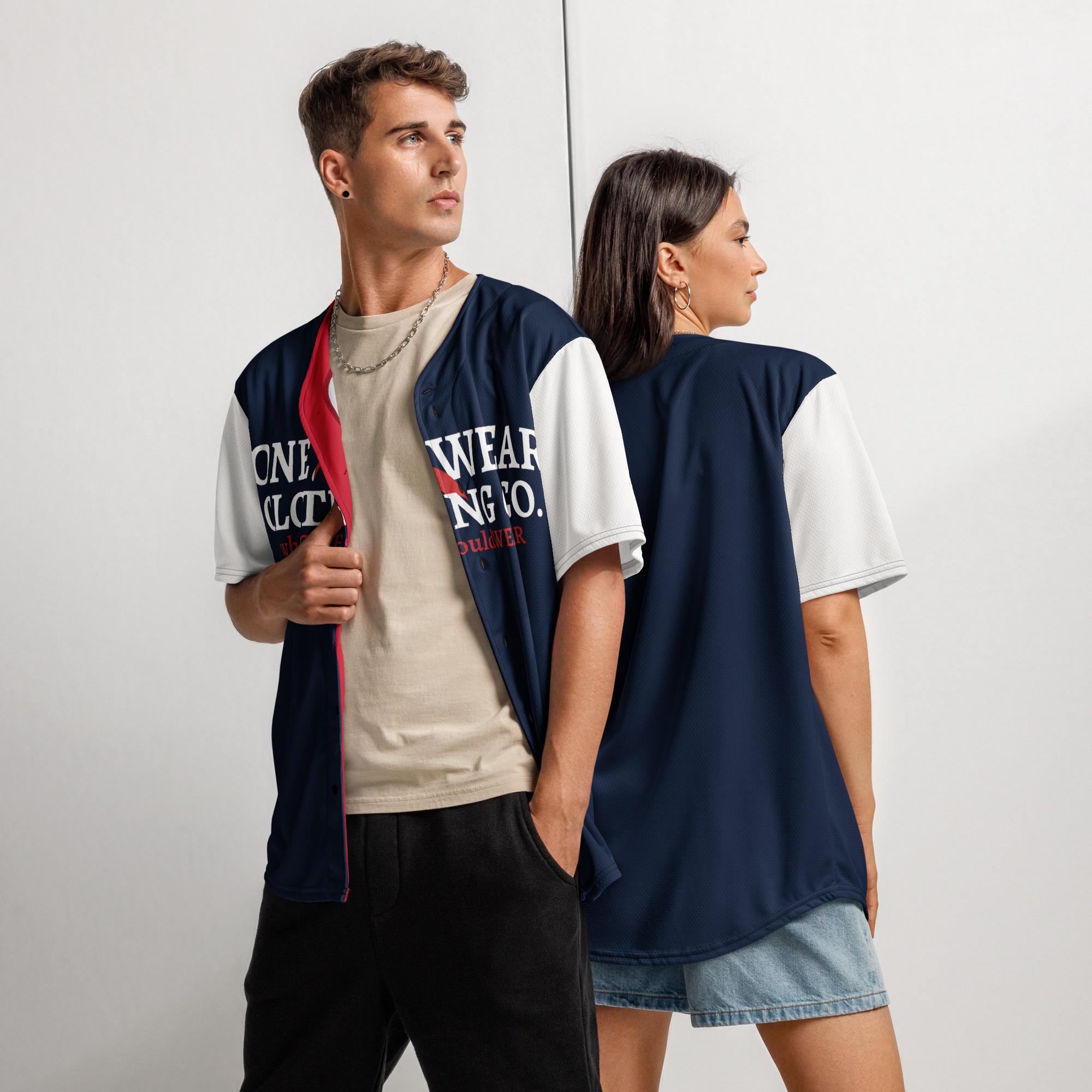 One Wear Slogan & Wavy Head Ibis 2 – Baseball Jersey – Navy, White & Red - Image 4