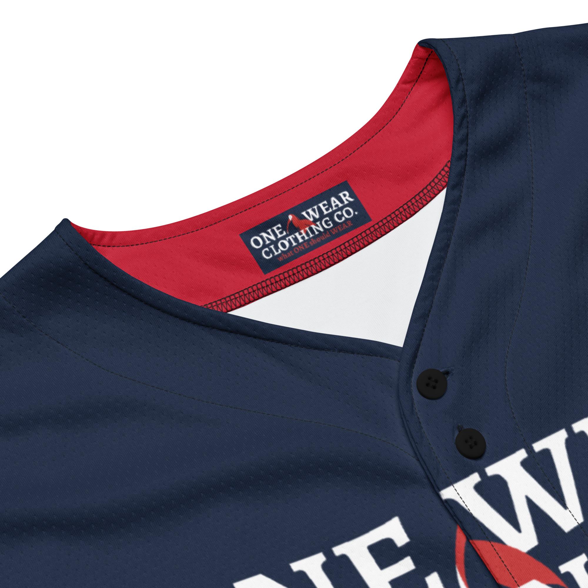 One Wear Slogan & Wavy Head Ibis 2 – Baseball Jersey – Navy, White & Red - Image 8