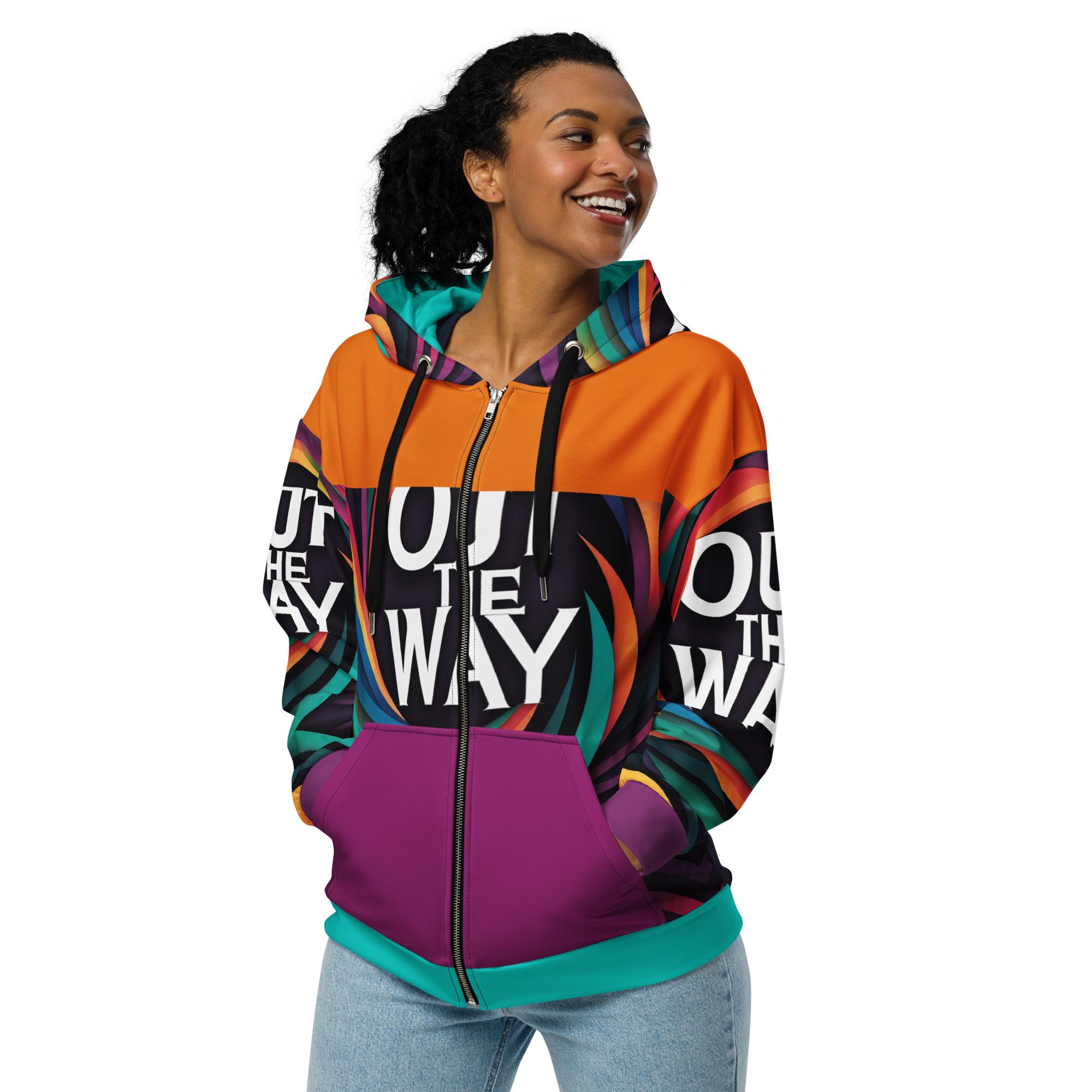 Out The Way: Design 01 – Unisex zip hoodie – Black, Lavender & White - Image 6