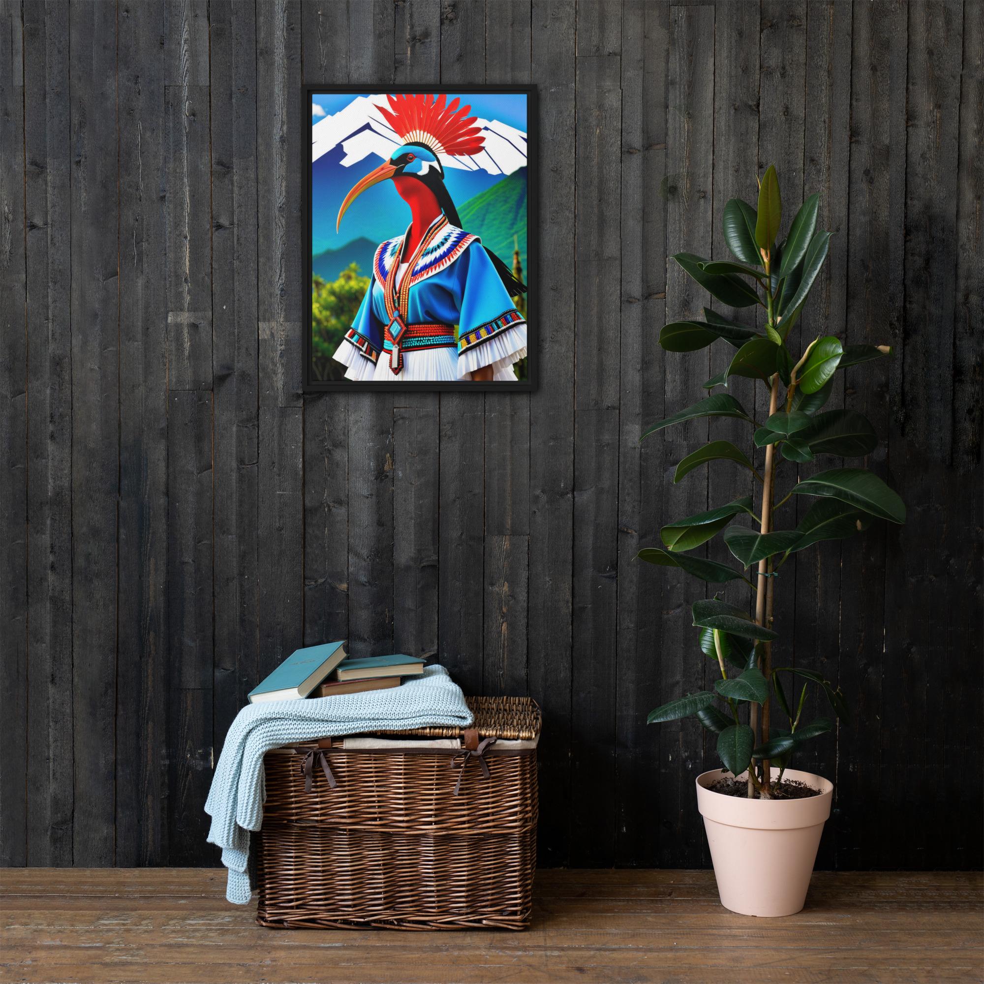 Ceremonial Mountain Ibis (Blue Garment, Red Crest) – Framed Canvas
