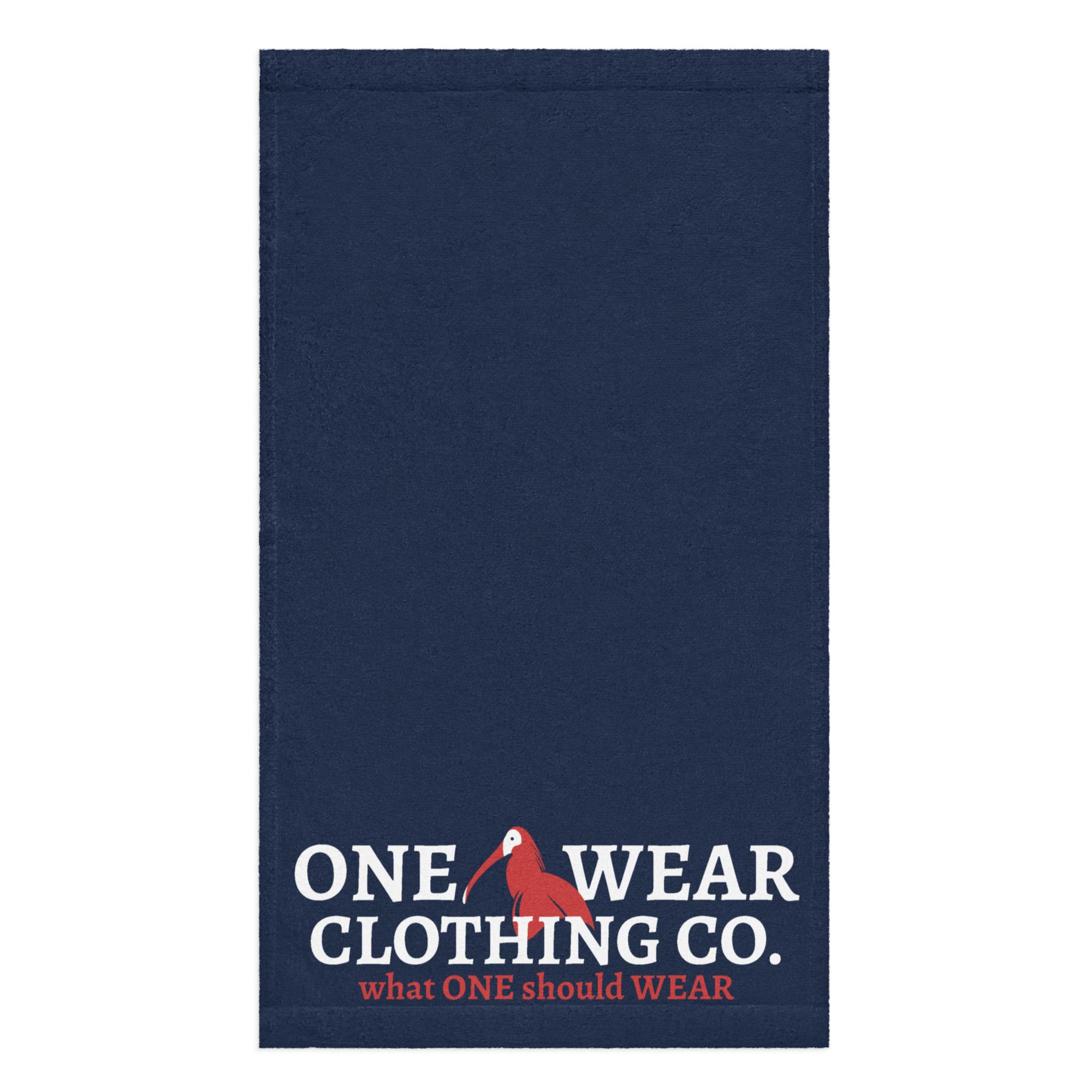 One Wear Slogan & Wavy Head Ibis 2 – Hand towel – Navy, Red & White
