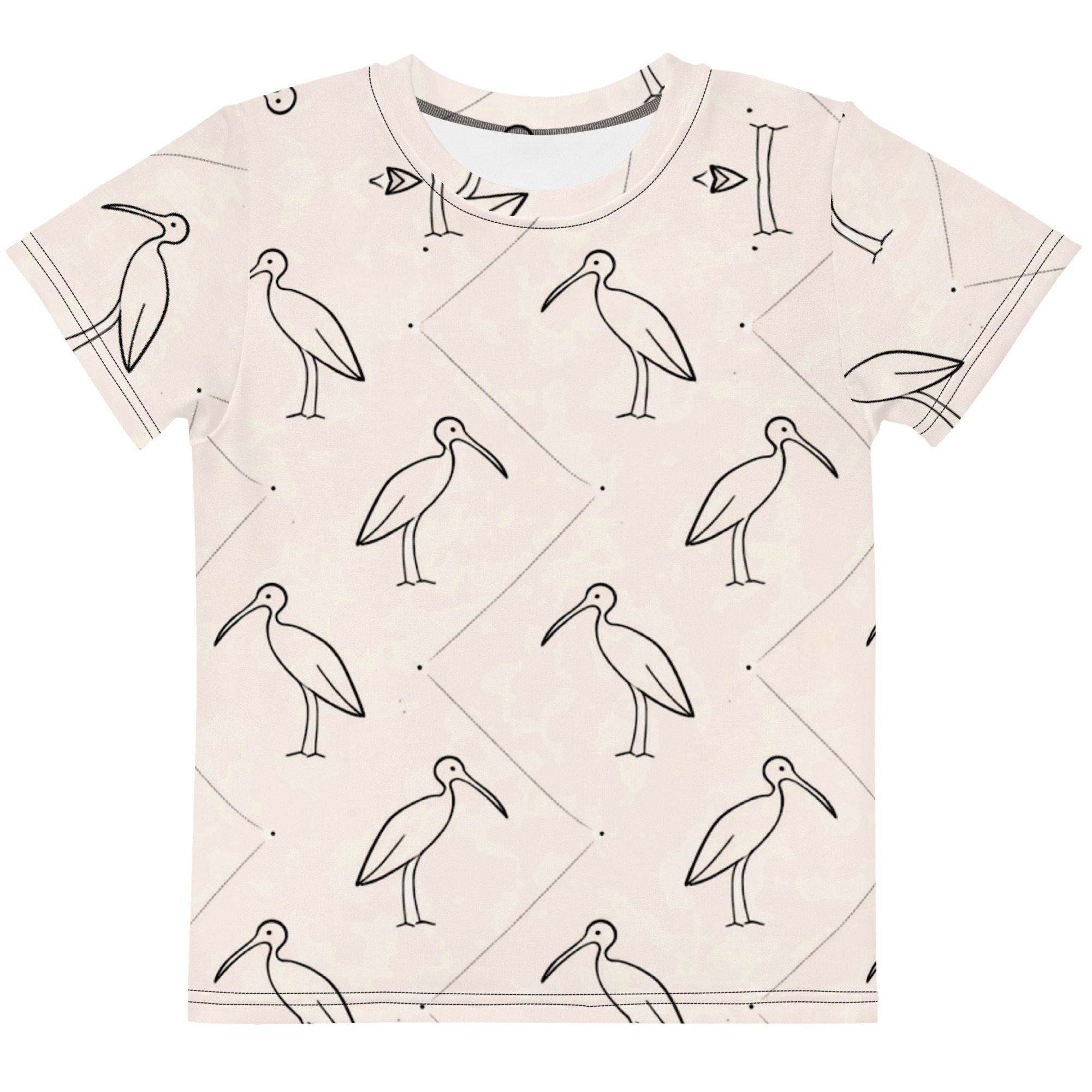 Ibis Line Art Grid – Kids cotton crew neck t-shirt – Cream & Black