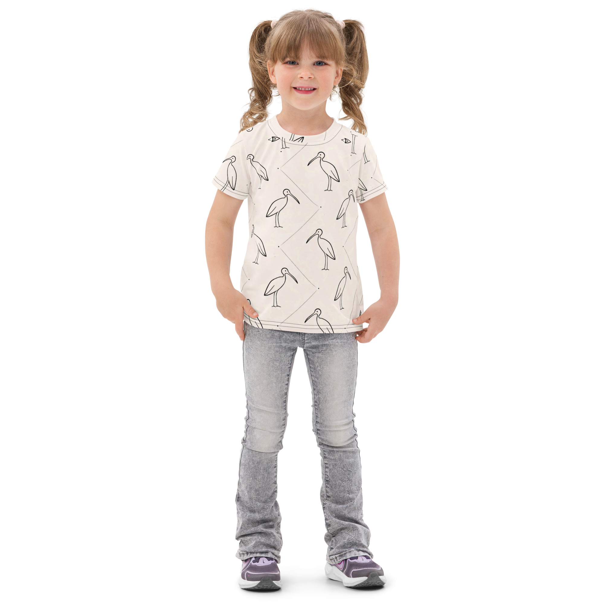 Ibis Line Art Grid – Kids cotton crew neck t-shirt – Cream & Black - Image 2