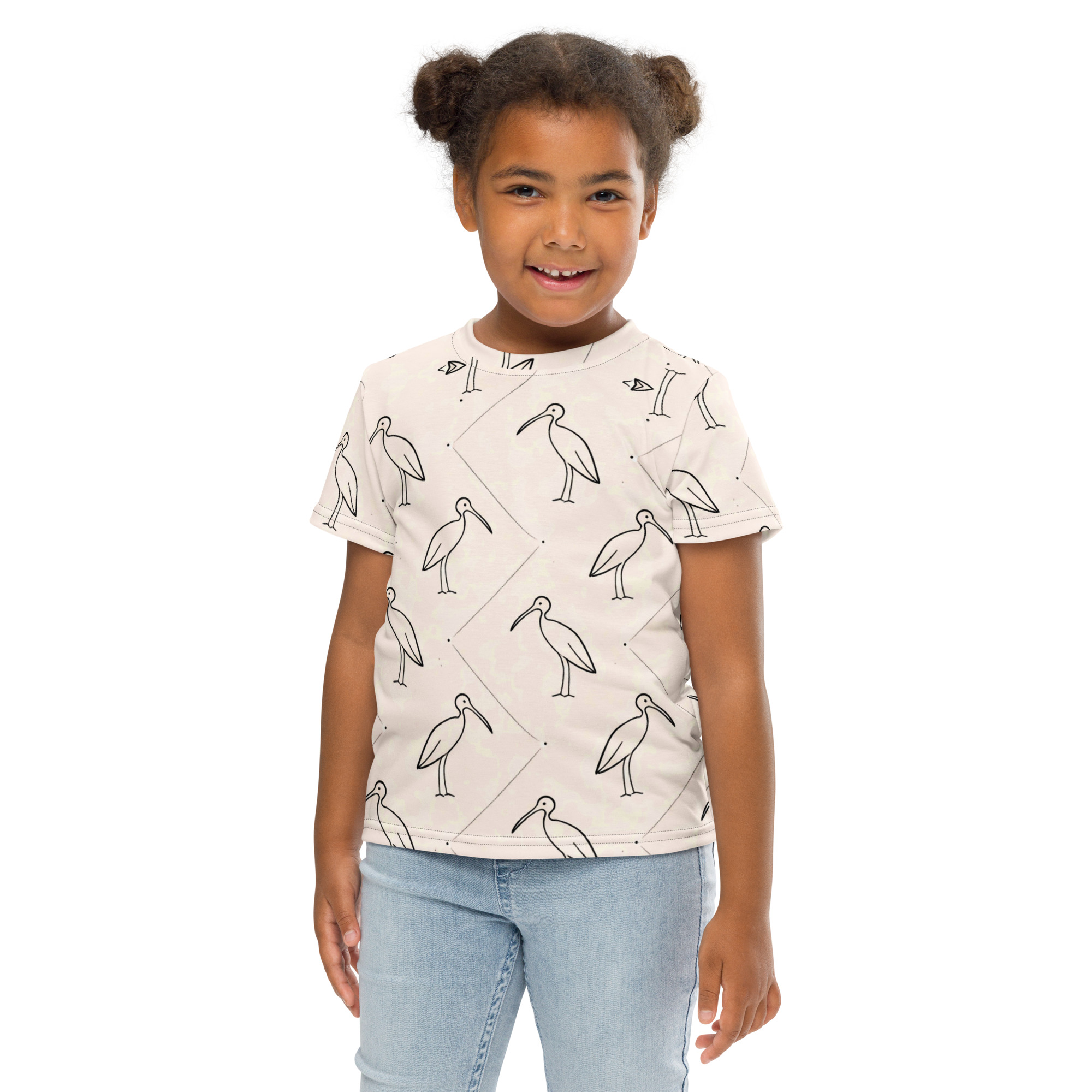 Ibis Line Art Grid – Kids crew neck t-shirt – Cream & Black - Image 2