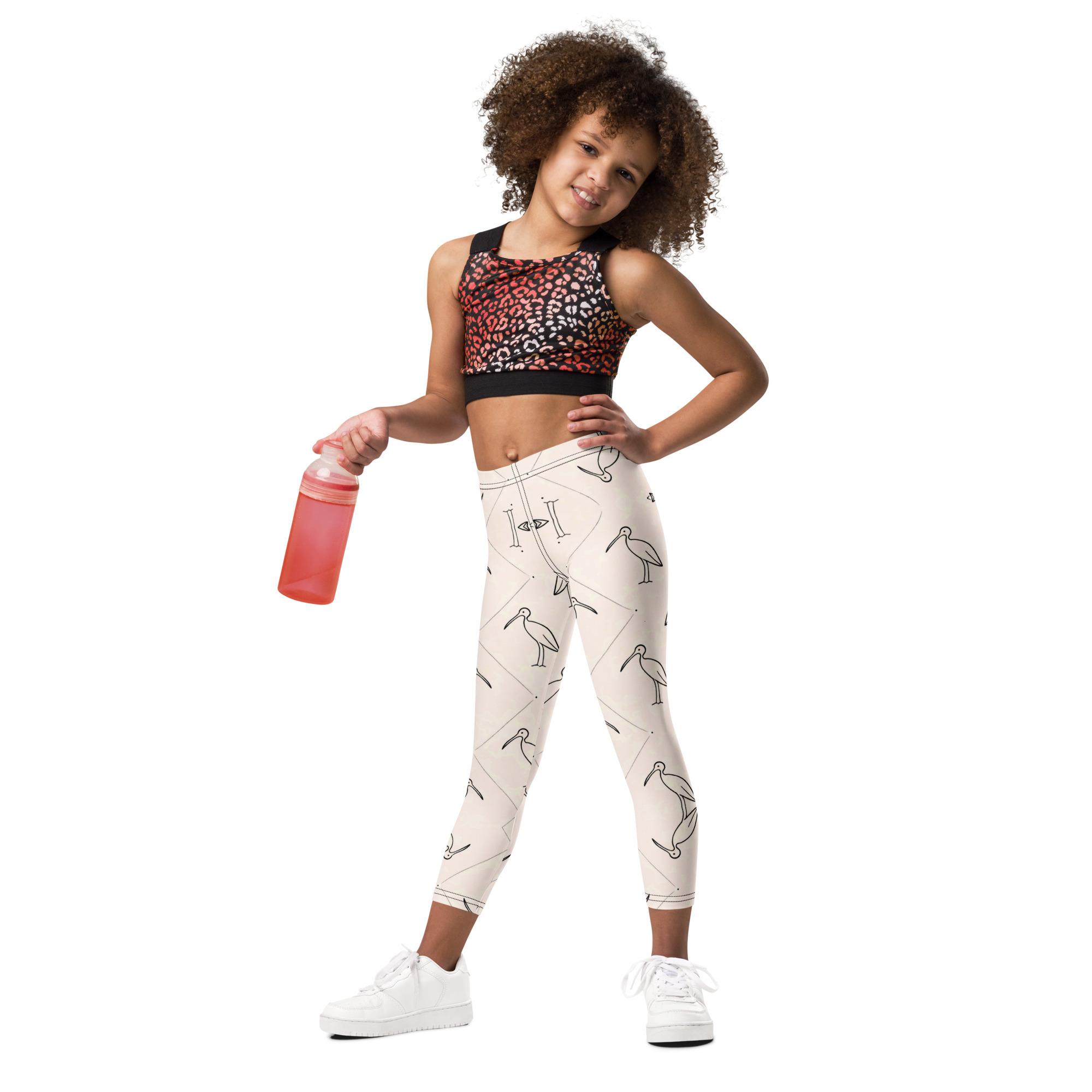 Ibis Line Art Grid – Kid's Leggings – Cream & Black - Image 2