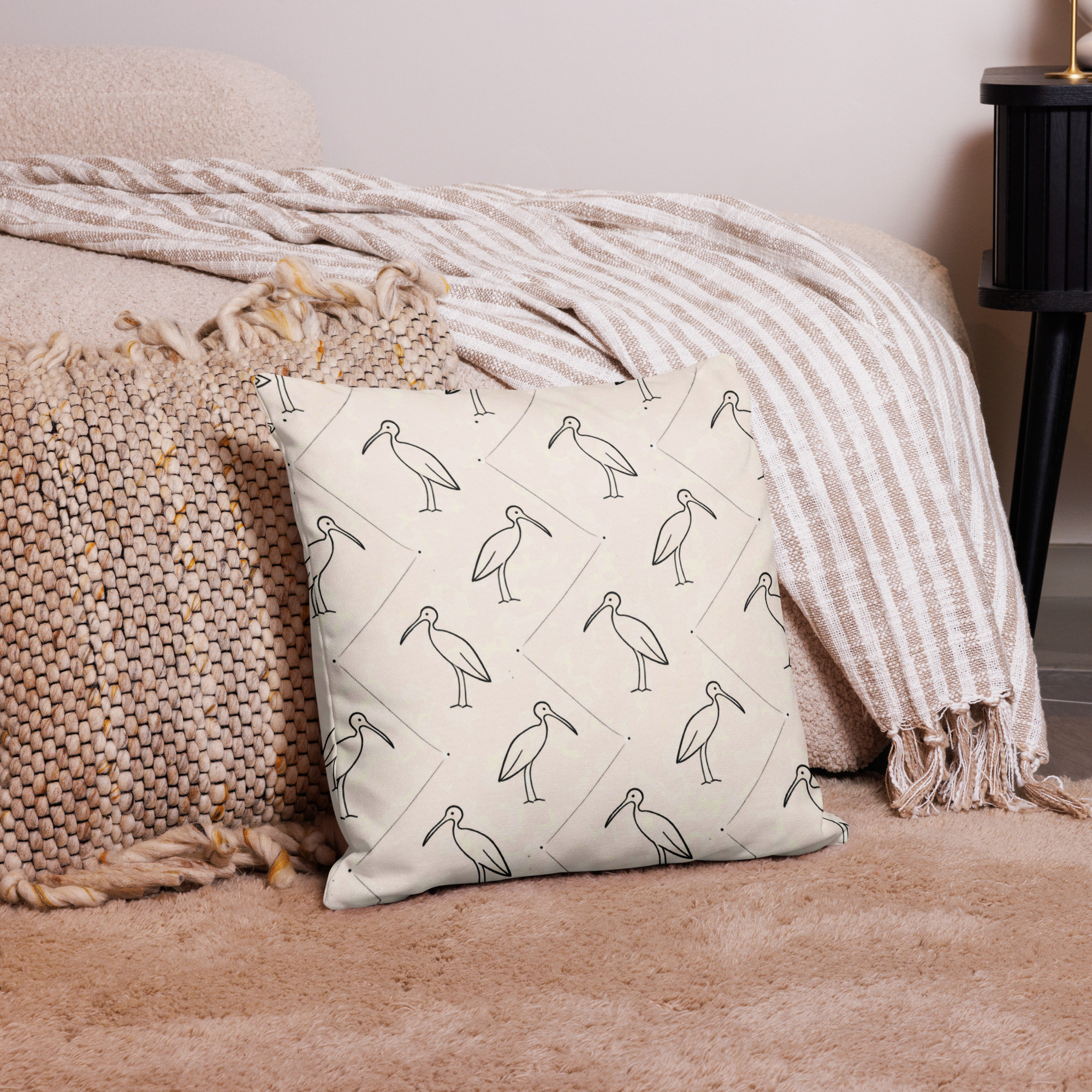 Ibis Line Art Grid – Premium Pillow – Cream & Black - Image 2