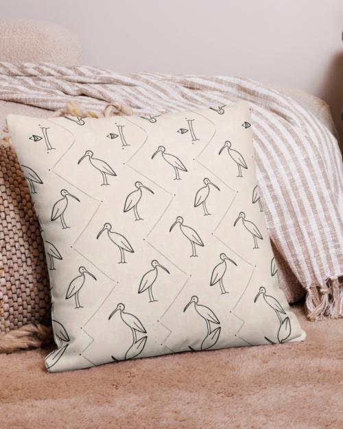 Ibis Line Art Grid – Premium Pillow – Cream & Black