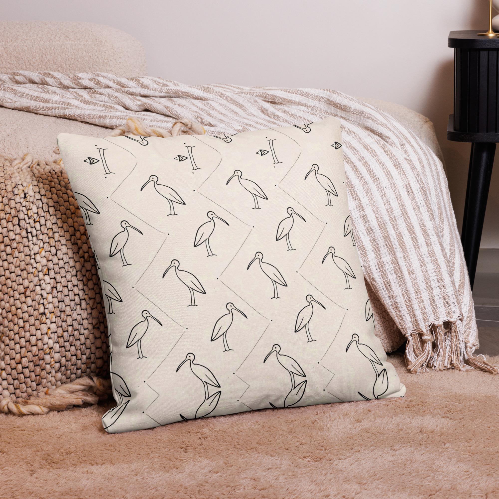 Ibis Line Art Grid – Premium Pillow – Cream & Black