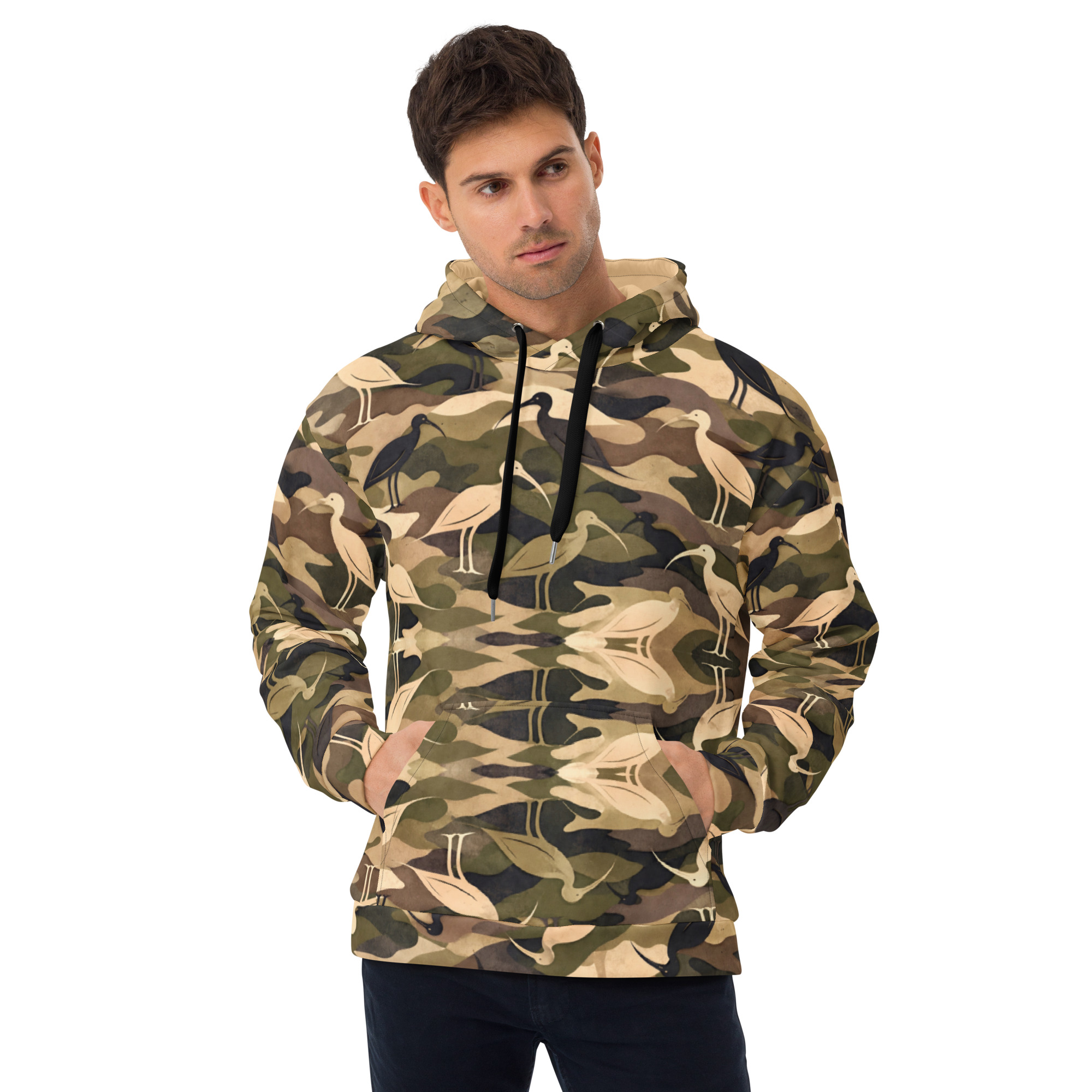 Modern Camouflage Ibis – Unisex Hoodie – Olive, Khaki & Black - Image 5