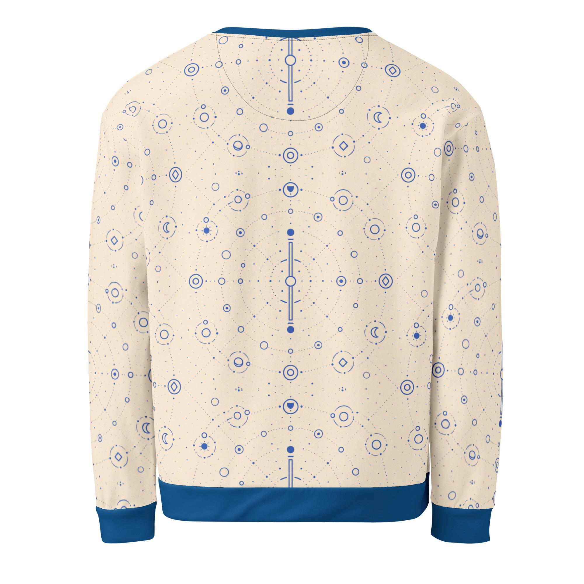 Onegodian Galaxy: Thirteen Worlds Orbit Chain™ – Unisex Sweatshirt – Tan & Navy - Image 2