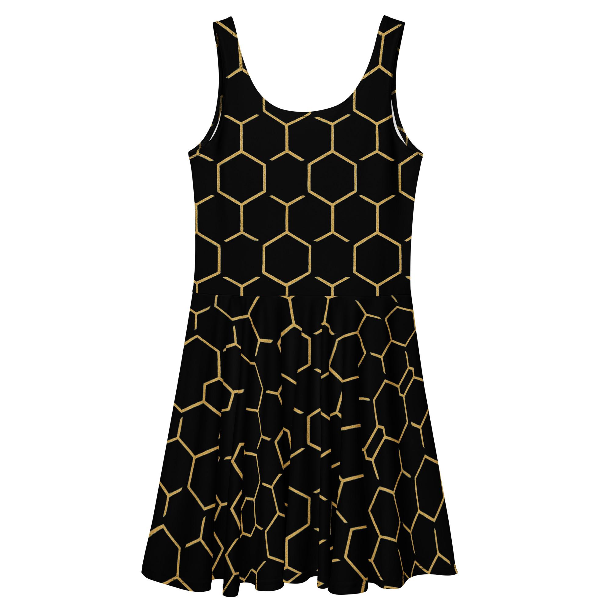 TALISHÉN: Steel Spine Hex Pattern – Skater Dress – Black & Gold - Image 5