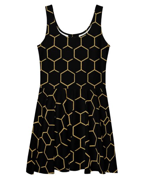 TALISHÉN: Steel Spine Hex Pattern – Skater Dress – Black & Gold