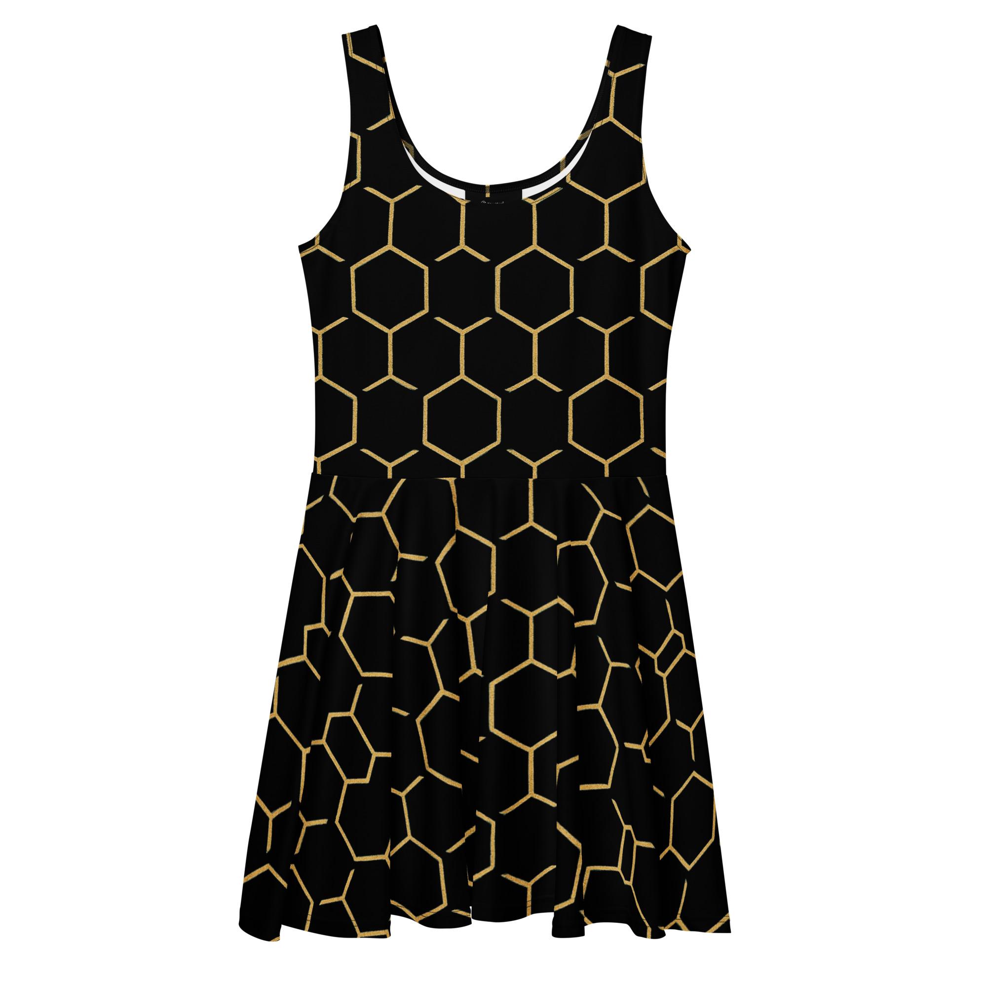 TALISHÉN: Steel Spine Hex Pattern – Skater Dress – Black & Gold