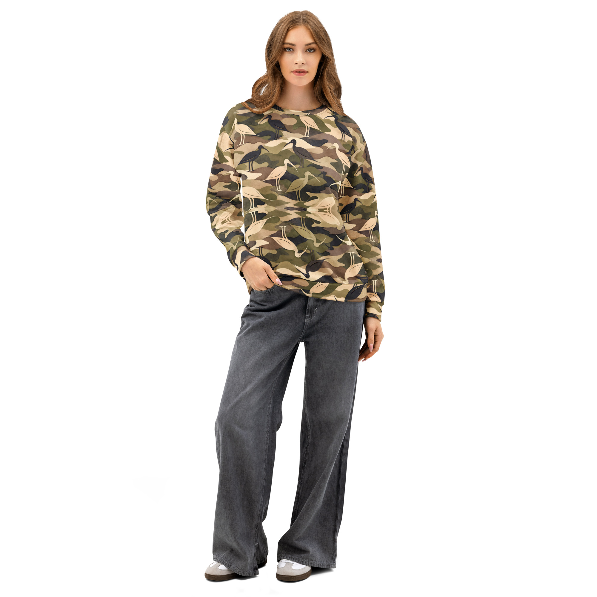 Modern Camouflage Ibis – Unisex cotton sweatshirt – Olive, Khaki & Black - Image 4