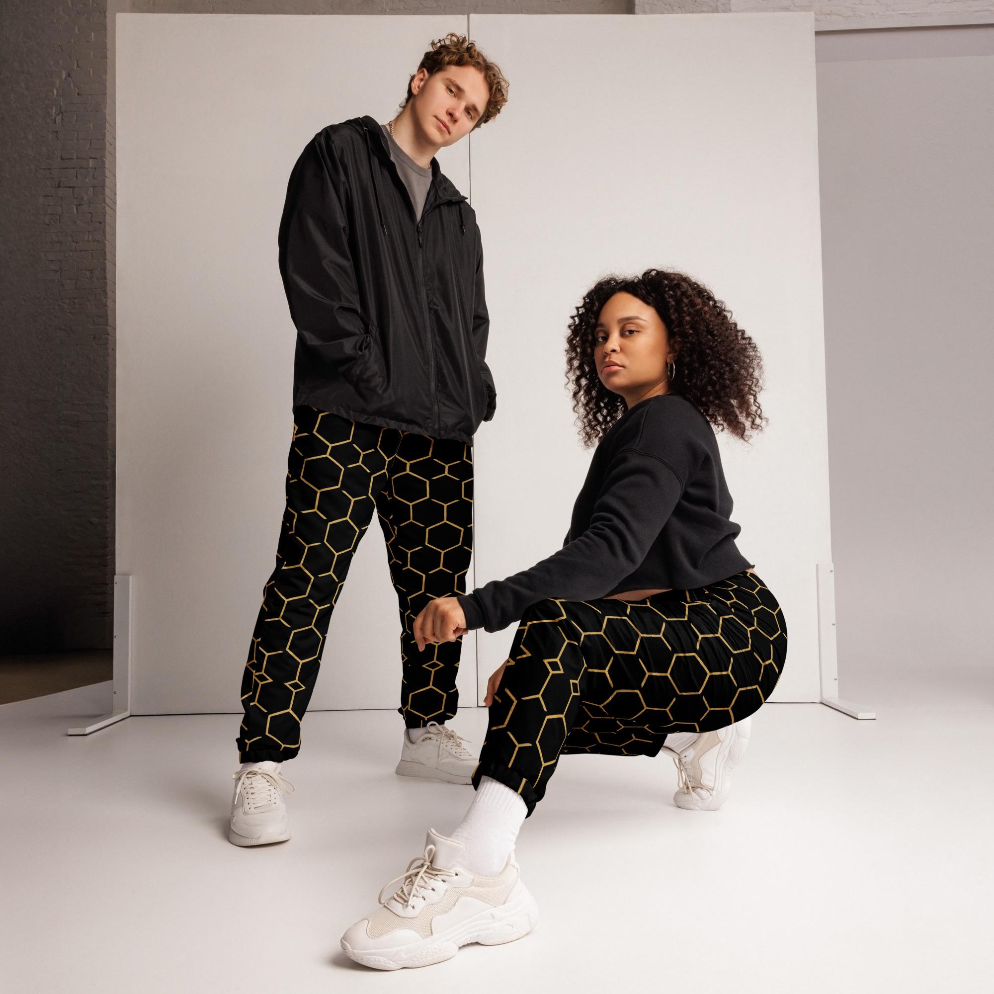 TALISHÉN: Steel Spine Hex Pattern – Unisex track pants – Black & Gold - Image 3