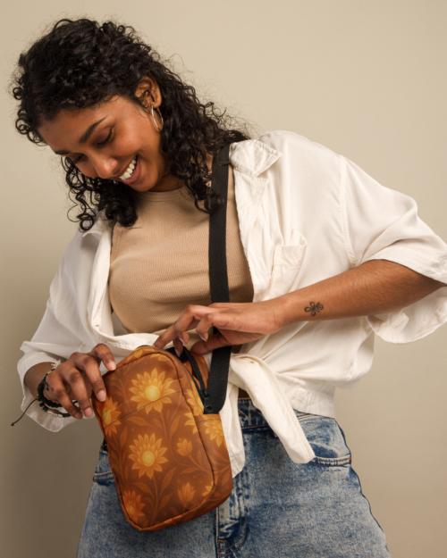 DIMUONEL™: Lunar Grace Petal™ – Utility crossbody bag – Bronze & Yellow