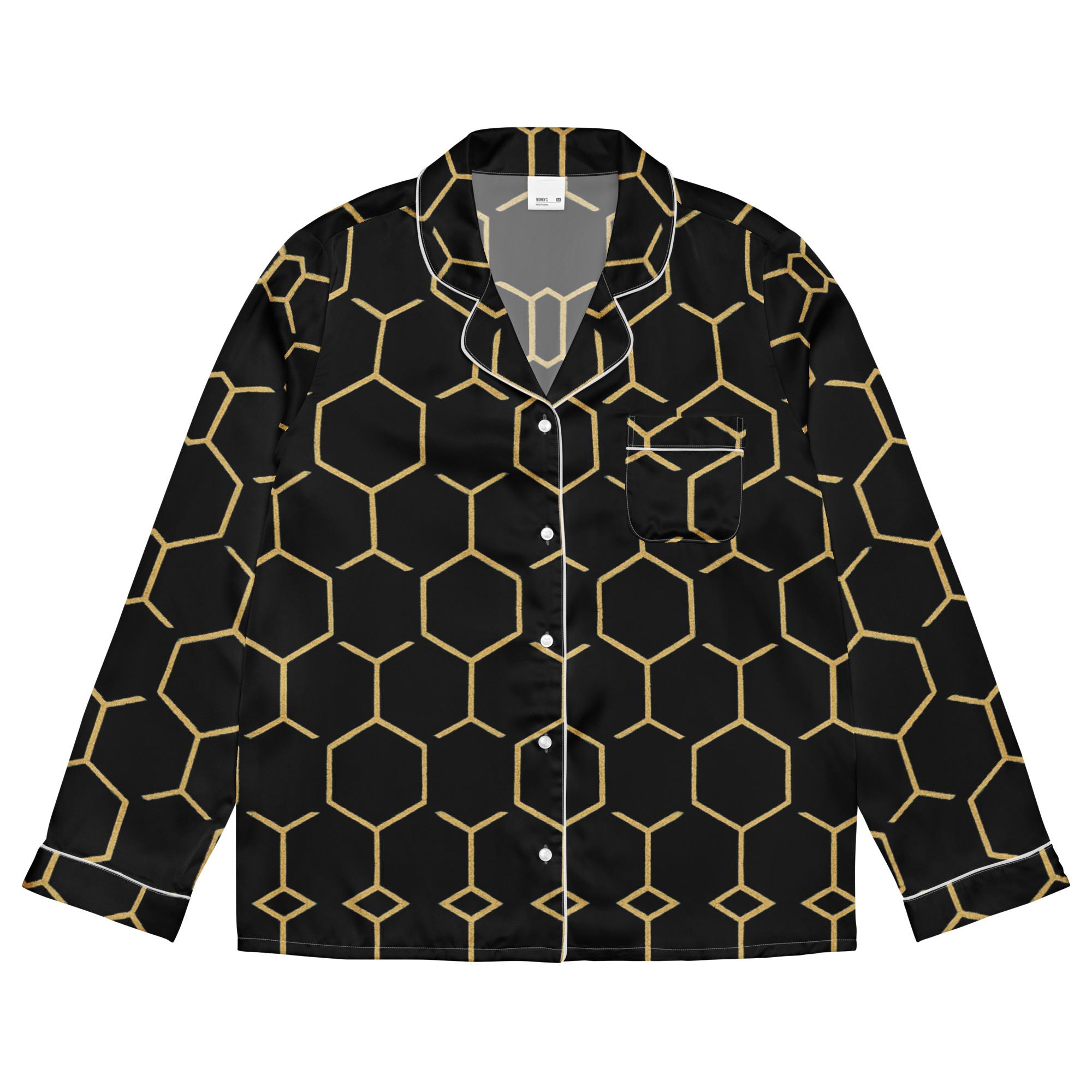 TALISHÉN: Steel Spine Hex Pattern – Women’s long sleeve pajama top – Black & Gold