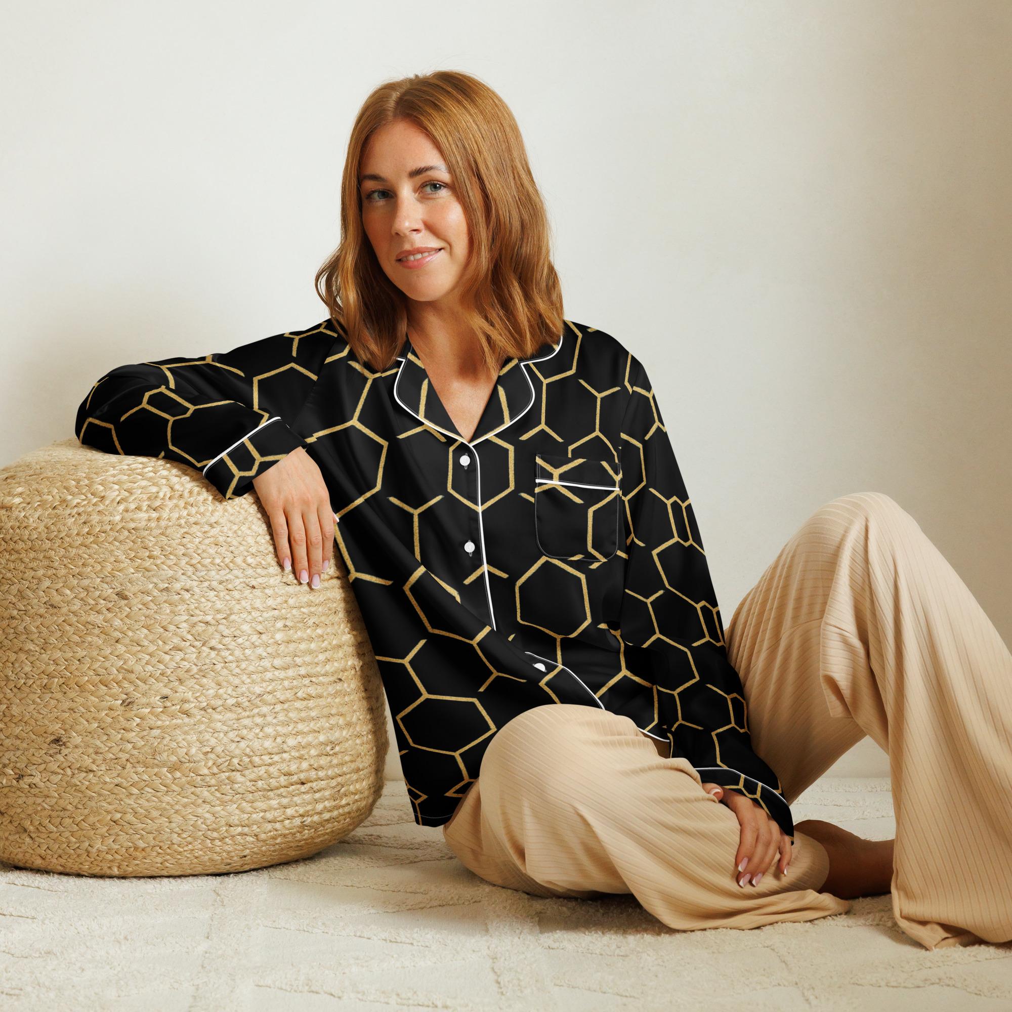 TALISHÉN: Steel Spine Hex Pattern – Women’s long sleeve pajama top – Black & Gold - Image 6