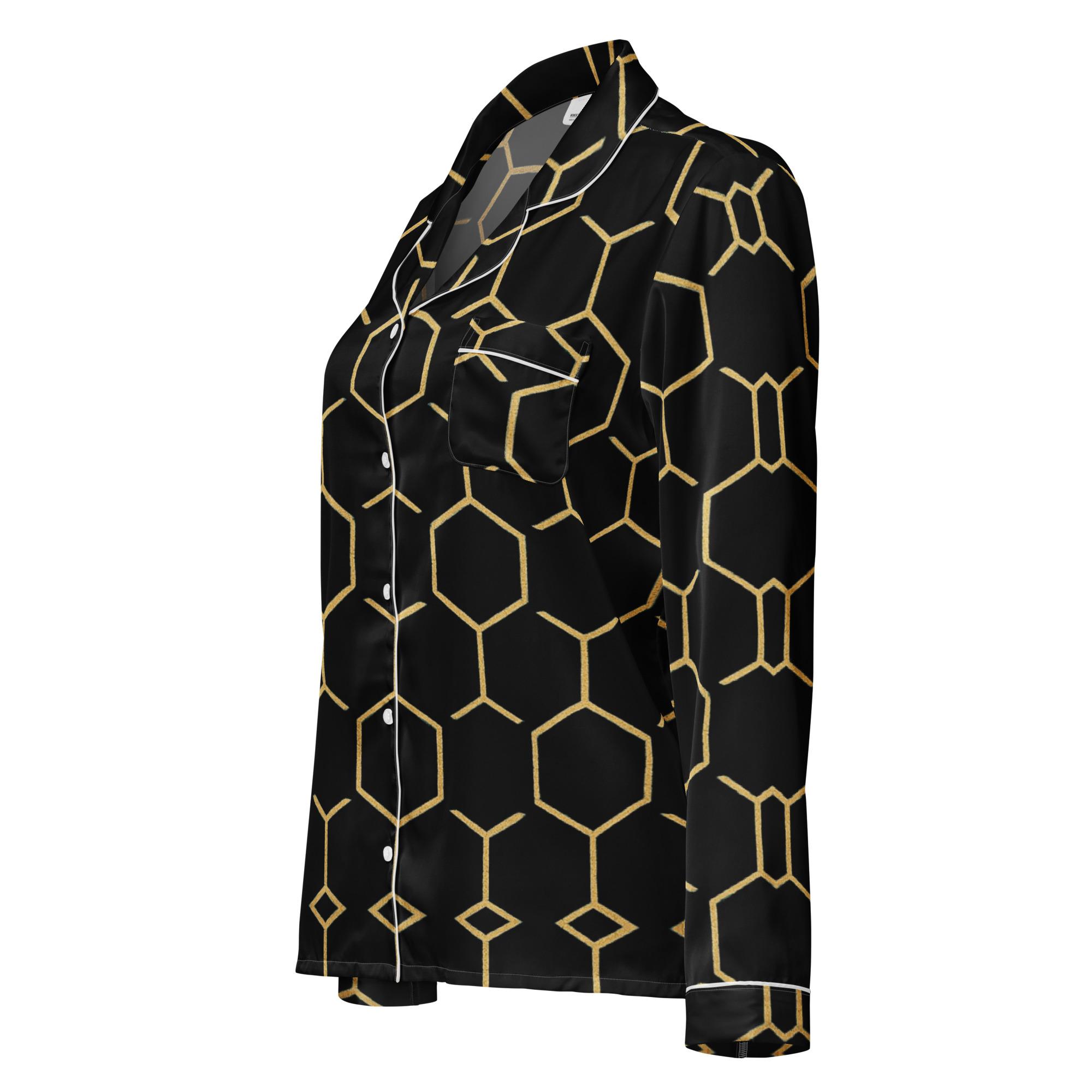 TALISHÉN: Steel Spine Hex Pattern – Women’s long sleeve pajama top – Black & Gold - Image 2