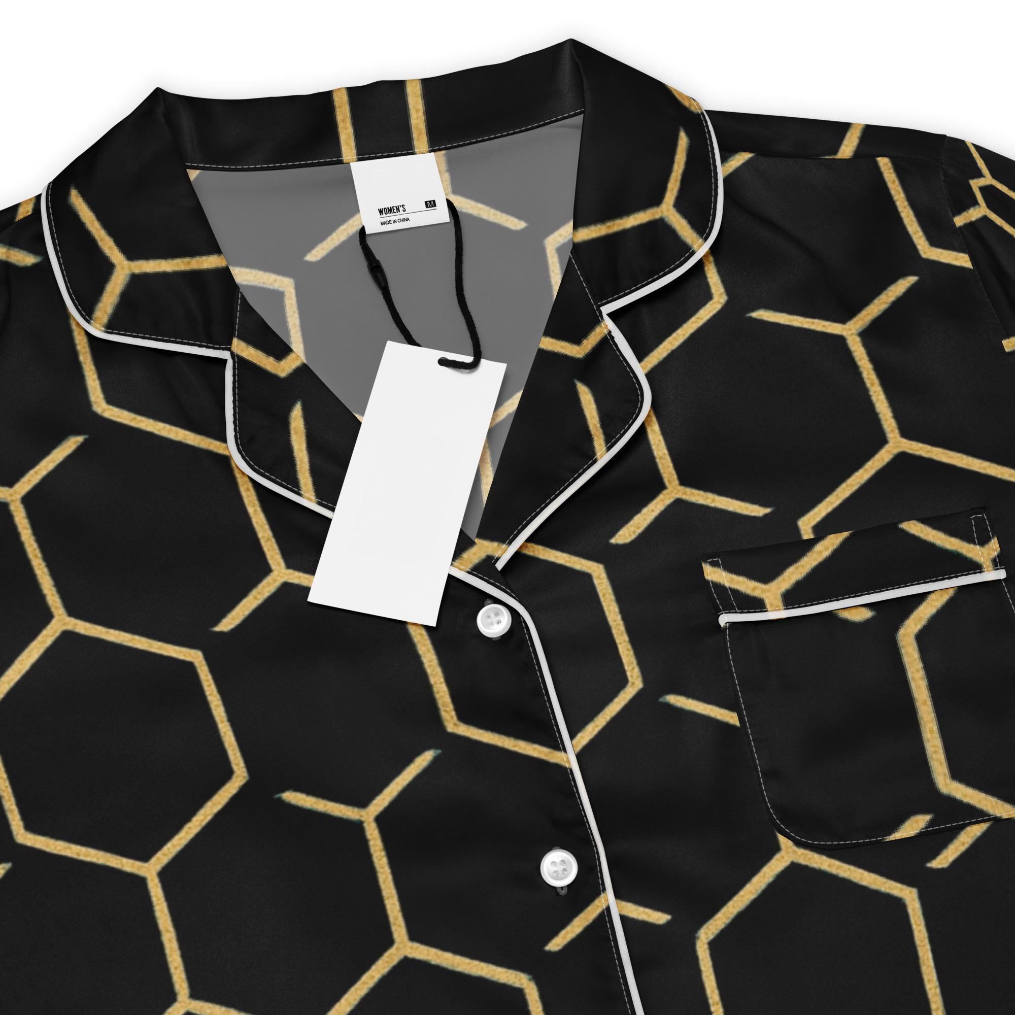 TALISHÉN: Steel Spine Hex Pattern – Women’s long sleeve pajama top – Black & Gold - Image 4
