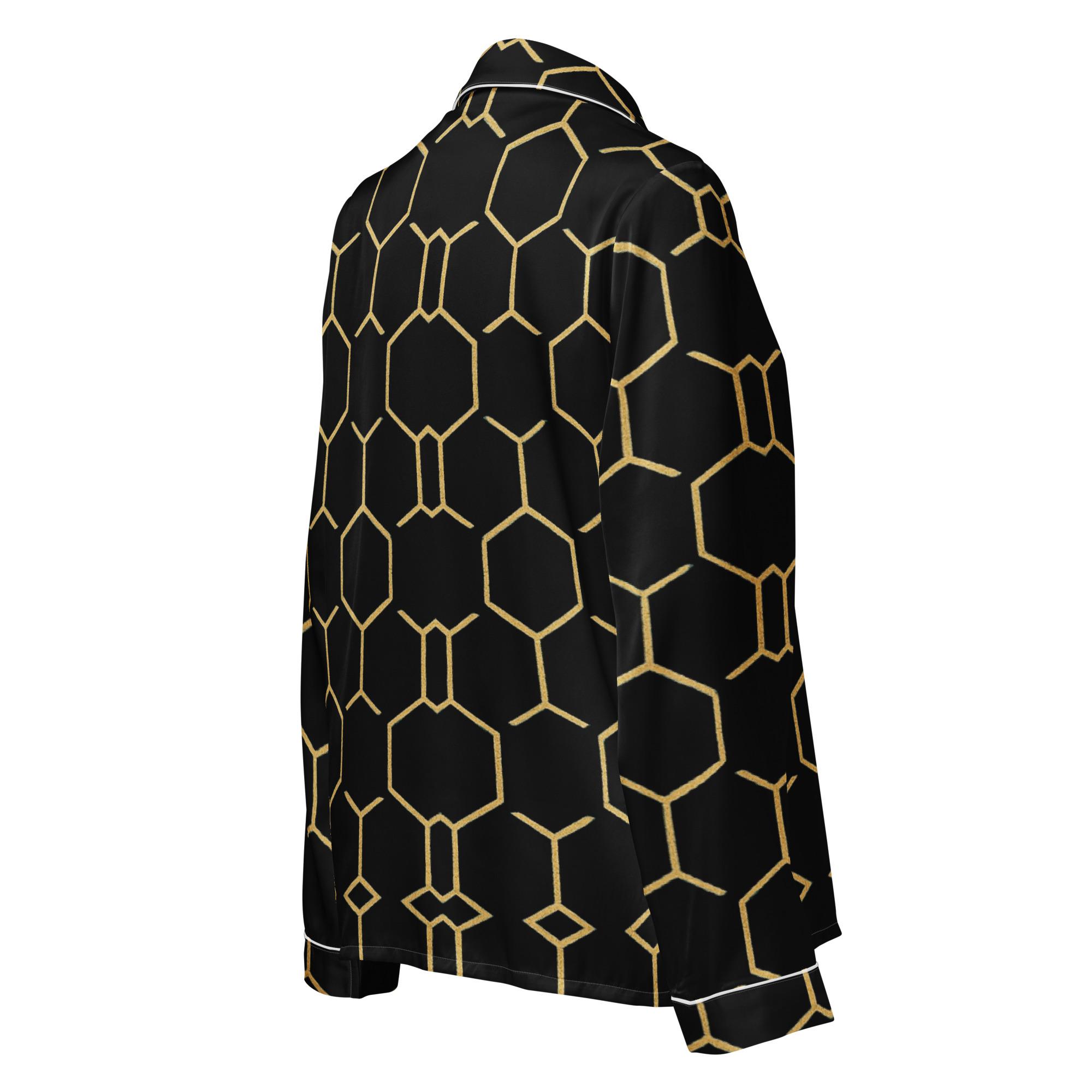TALISHÉN: Steel Spine Hex Pattern – Women’s long sleeve pajama top – Black & Gold - Image 3