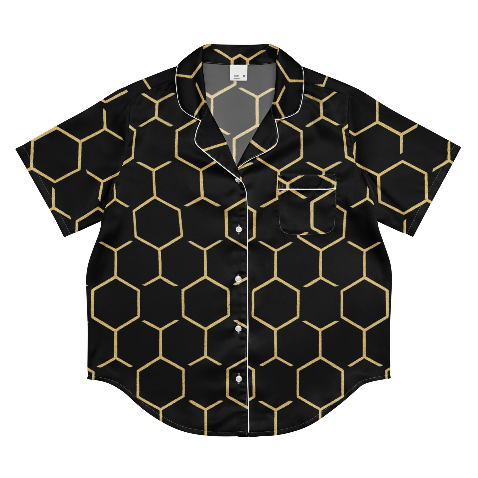 TALISHÉN: Steel Spine Hex Pattern – women’s short sleeve pajama top – Black & Gold