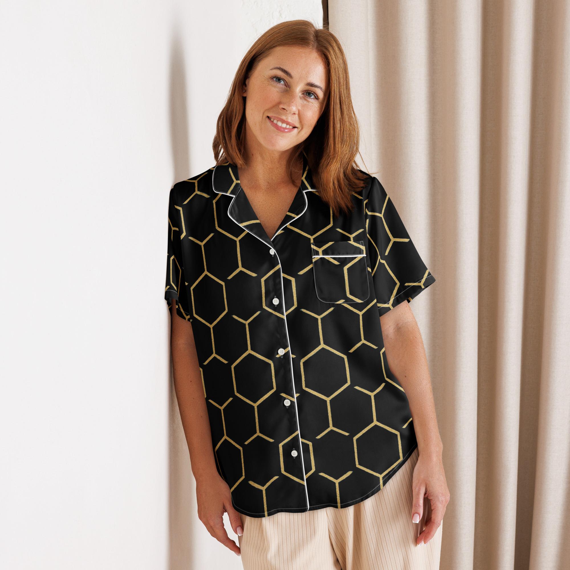 TALISHÉN: Steel Spine Hex Pattern – women’s short sleeve pajama top – Black & Gold - Image 3