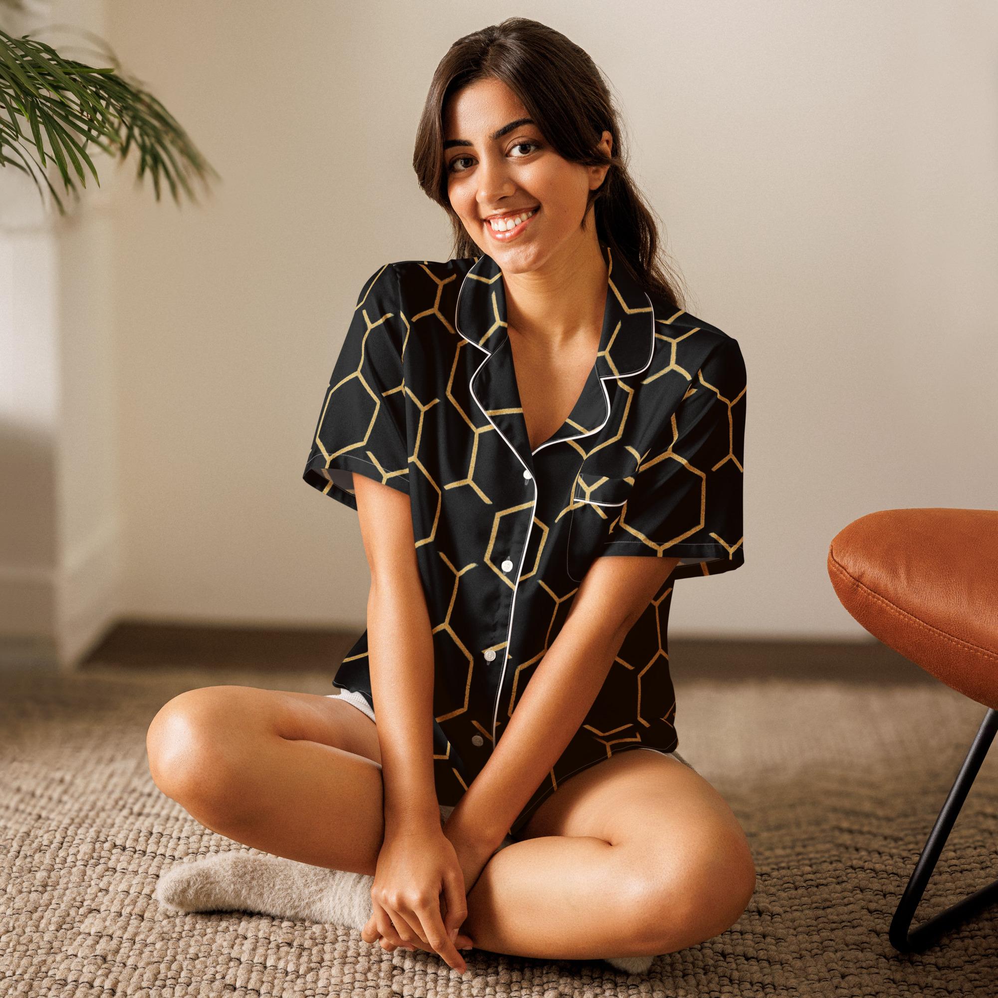 TALISHÉN: Steel Spine Hex Pattern – women’s short sleeve pajama top – Black & Gold - Image 4