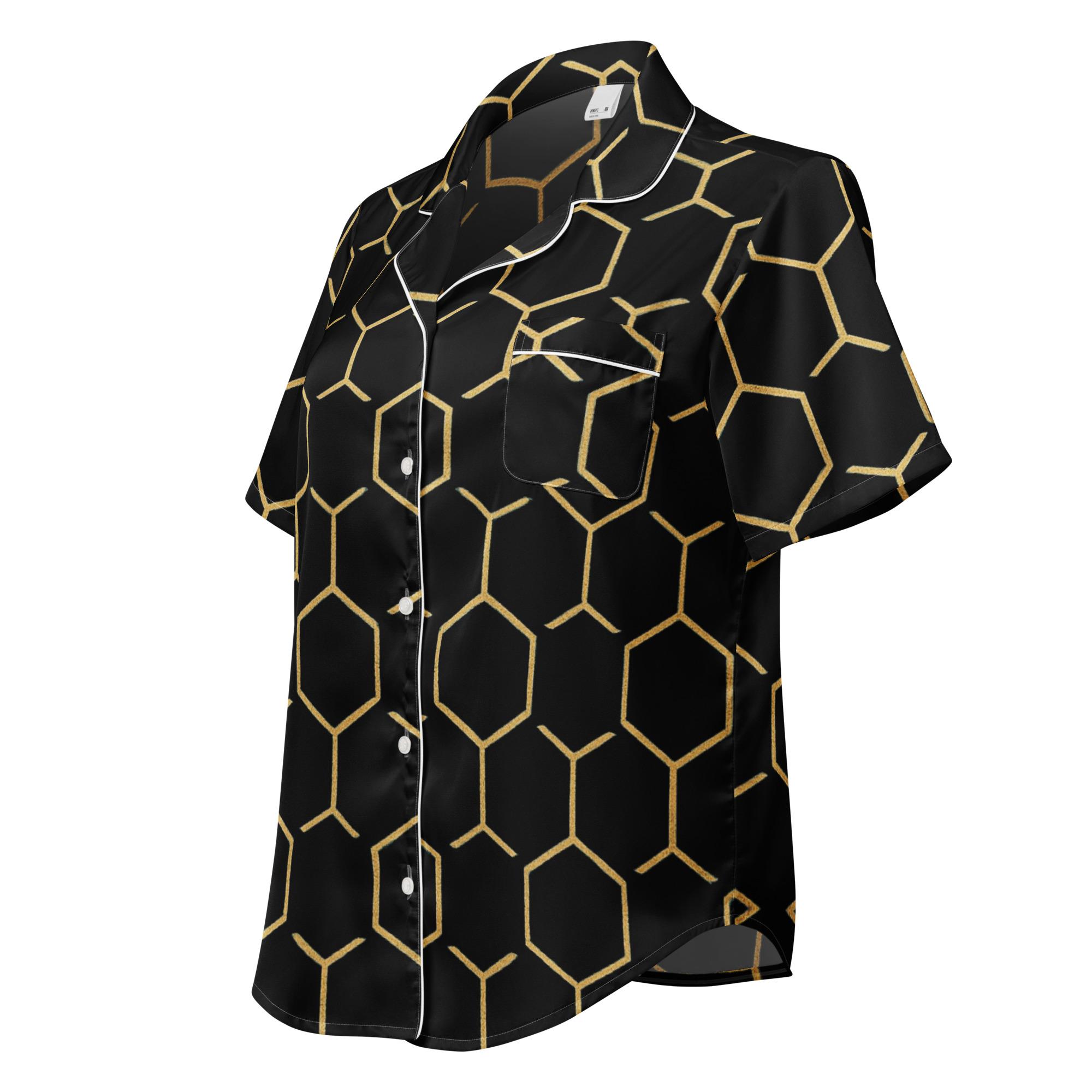 TALISHÉN: Steel Spine Hex Pattern – women’s short sleeve pajama top – Black & Gold - Image 2