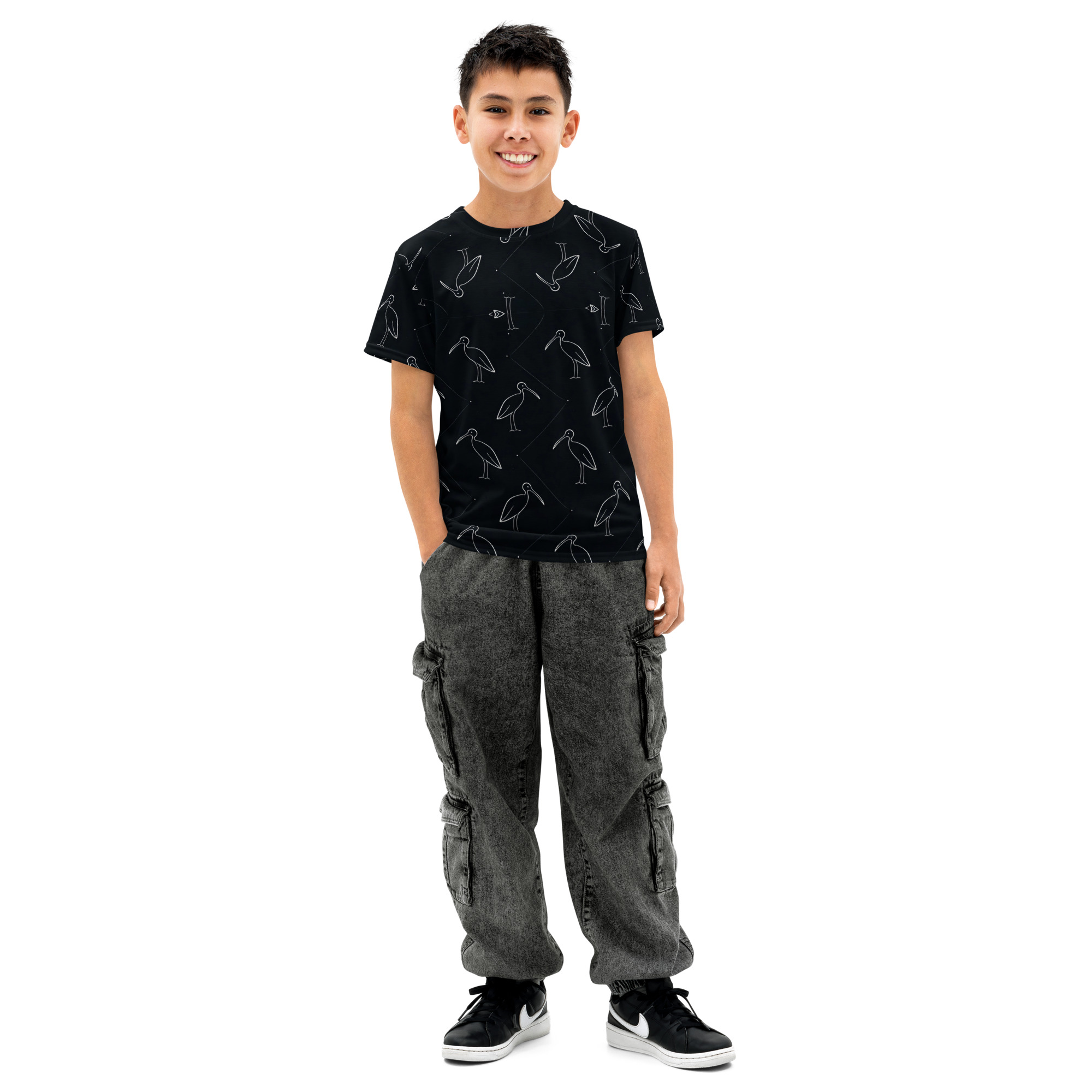 Ibis Line Art Grid – Youth cotton crew neck t-shirt – Black & Cream - Image 2