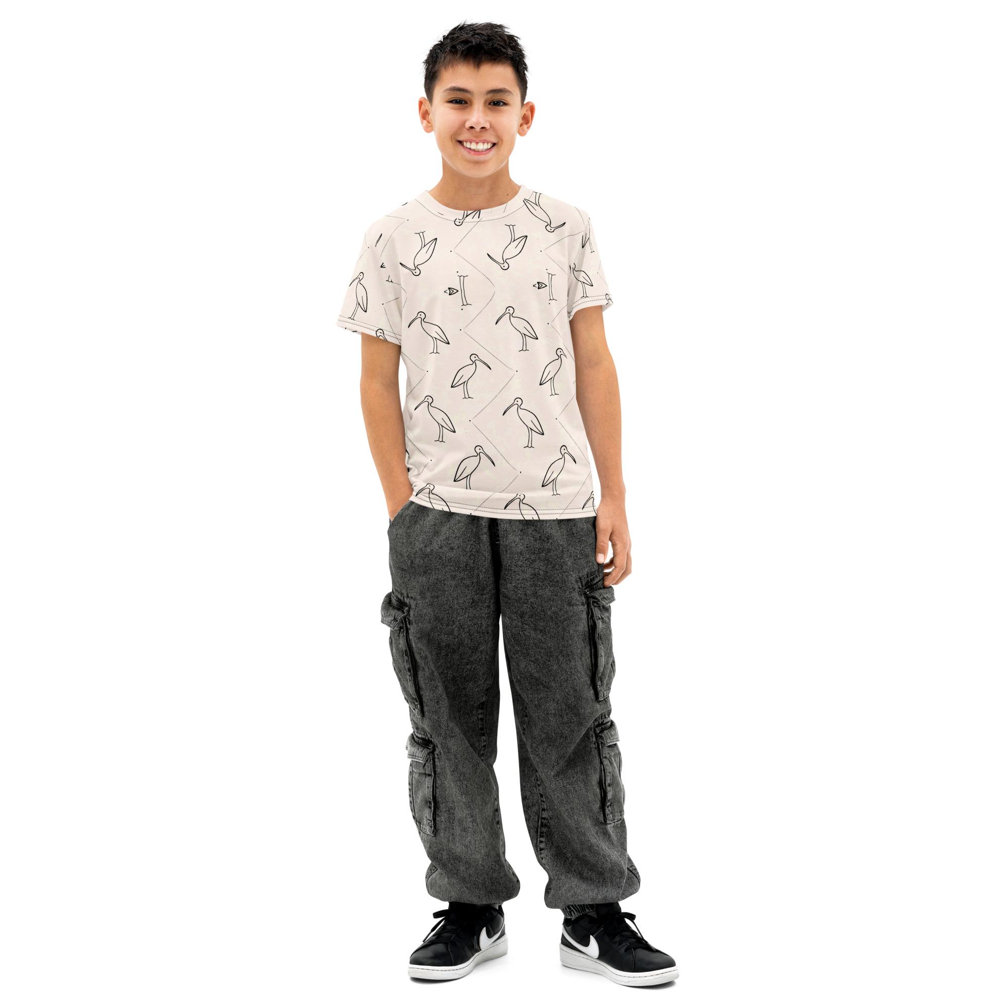 Ibis Line Art Grid – Youth cotton crew neck t-shirt – Cream & Black - Image 2
