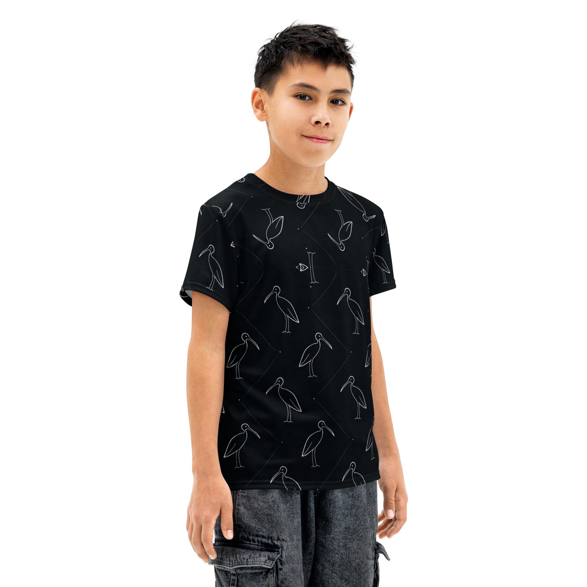 Ibis Line Art Grid – Youth cotton crew neck t-shirt – Black & Cream - Image 3