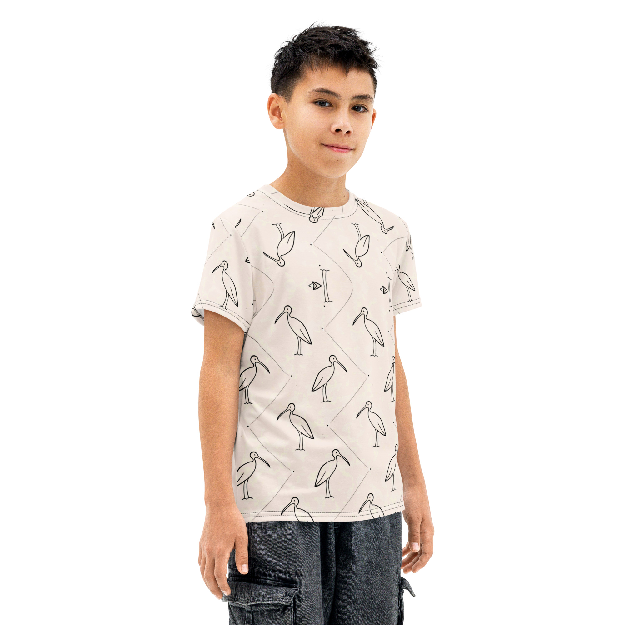 Ibis Line Art Grid – Youth cotton crew neck t-shirt – Cream & Black - Image 3